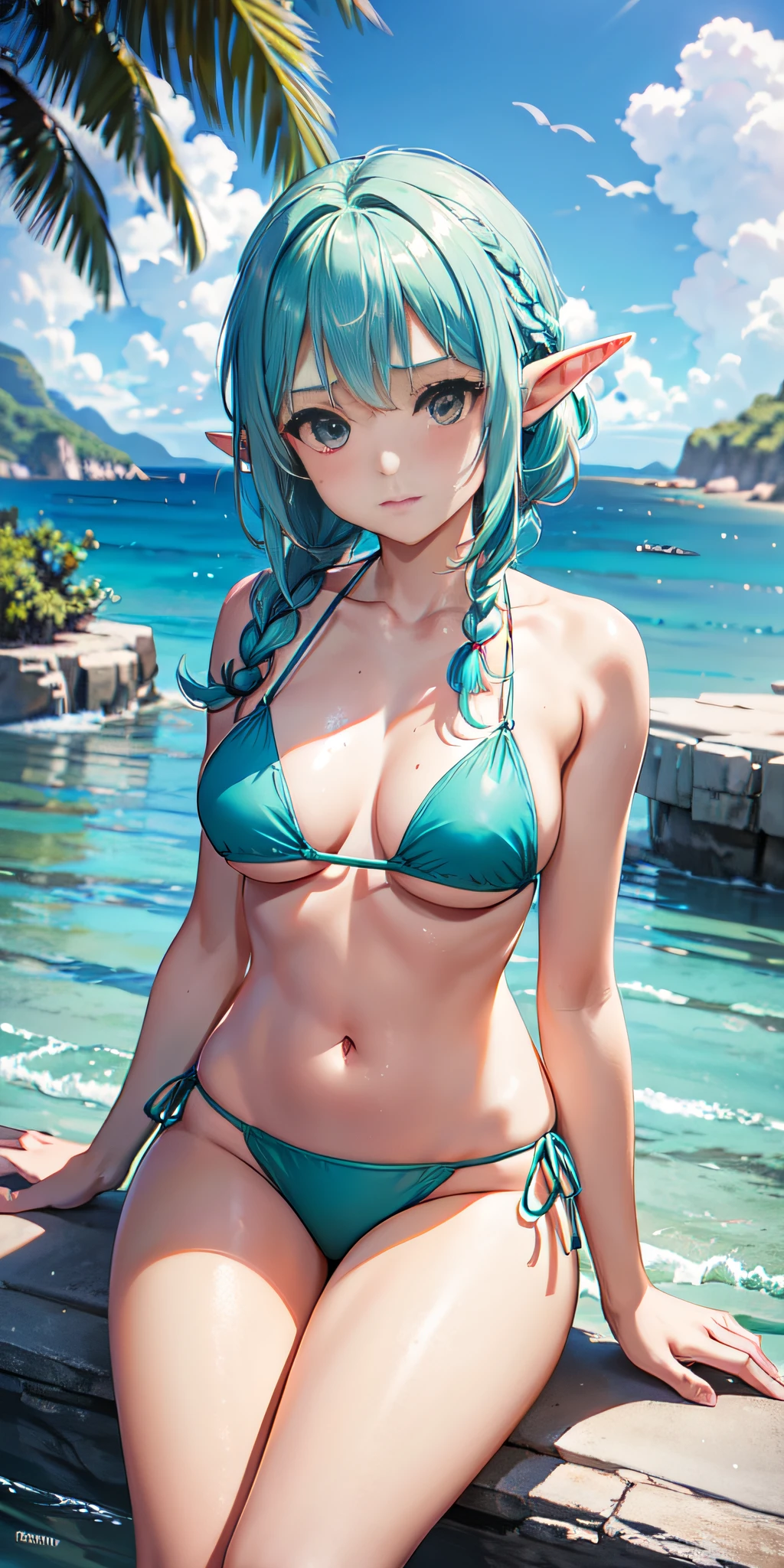 cowboy shot view, (only 1 Elf WOMAN), Aqua hair twin braids, blush, body measurements 90 57 90, big eyes, (symmetrical and mischievous face), ((sitting by the sea, 50% Bikini)), random pose, Natural side light, In the background there is a cenote in the middle of the Mayan jungle, Intricate details, Canon EOS R50 camera with Canon R50 RF-S 18-45mm IS STM lens