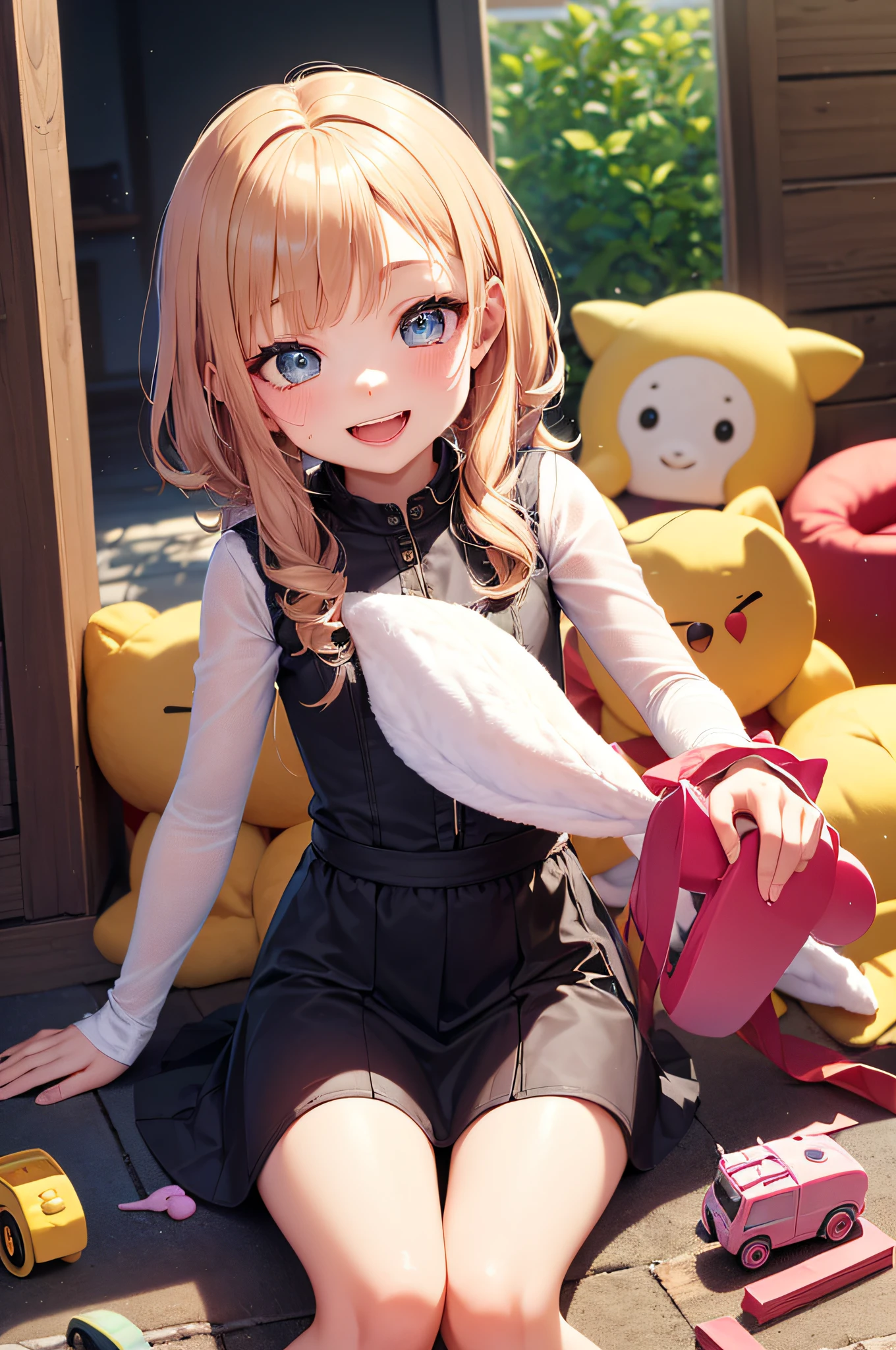(best quality,4k,highres,masterpiece:1.2),extremely detailed eyes and face,longeyelashes,beautiful detailed eyes,beautiful detailed lips,1girl,cute,innocent,happy,8 year old girl, sitting on a pink carpet, surrounded by several toys, joyful expression,childhood,magical atmosphere,vibrant colors,toys scattered around,smiling face,excitement,love and joy,child's dreams,playful,blissful,lovely clothes,pure happiness,vivid imagination,colorful toys,enjoying her gifts,cherished moments,laughter and giggles,pure innocence,her favorite toys