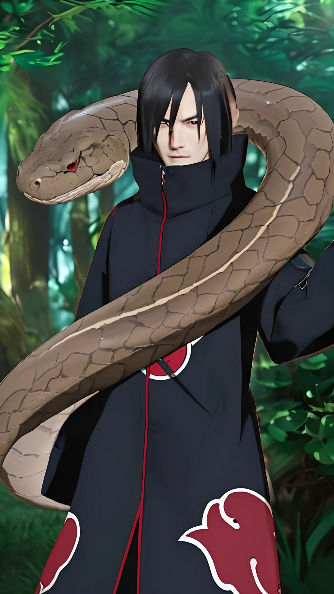 Real life adaption of this character, handsome man face, (scary expression), ((realistic same hair)),((realistic same outfit with Akatsuki logo)) , hyper realistic, realistic light, realistic shadow, realism,(photorealistic:1.2), looking to viewer , ((There is a realistic large snake coiled around his body))