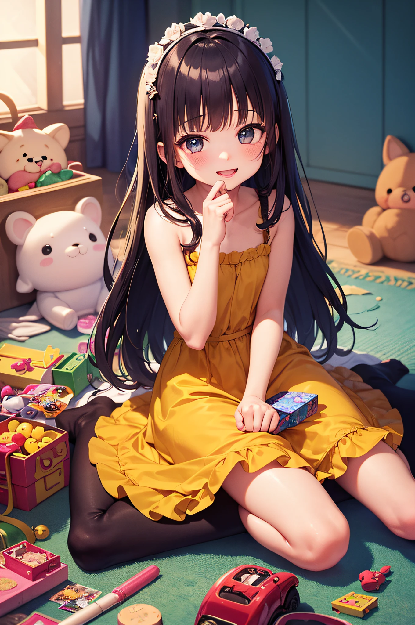 (best quality,4k,highres,masterpiece:1.2),extremely detailed eyes and face,longeyelashes,beautiful detailed eyes,beautiful detailed lips,1girl,cute,innocent,happy,8 girl, sitting on a pink carpet, surrounded by several toys, joyful expression,childhood,magical atmosphere,vibrant colors,toys scattered around,smiling face,excitement,love and joy,child's s,playful,blissful,lovely clothes,pure happiness,vivid imagination,colorful toys,enjoying her gifts,cherished moments,laughter and giggles,pure innocence,her favorite toys