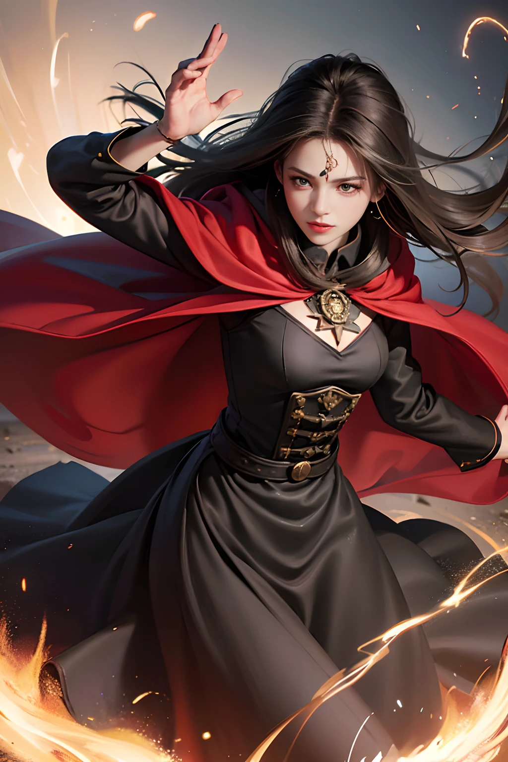 (skindentation:1.5), Realistic, Photorealistic, (masterpiece:1.5), concept art, intricate details, highly detailed, photorealistic, octane render, 8k, unreal engine, dynamic pose, best quality, highres, (realistic face:1.1), (hyperrealistic:1.1), ((full_body)), perfect eyes,(shiny skin:1.2), (((hairstyle))), (((perfect hands))), (extremely detailed background), ((dynamic background)), ((lightning)), (light rays), ((1girl)), wearing cloak, (((flowing cloak))), ((detailed eyes, high quality eyes, high quality face)), (extremely intricate robes, magical robes), long black hair, casting lightning, electricity, swirling fire, radiating power, sparks, smoke, magic, ((dramatic)), epic, battlefield, depth of field, bokeh, 4k, gothic, ember, particles, black and red long skirt, jumping action
