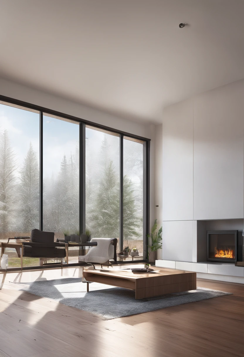 A high Resolution, 8k picture of a living room, with a stove, having snow fall down outside the glass window, make it look very esthetic