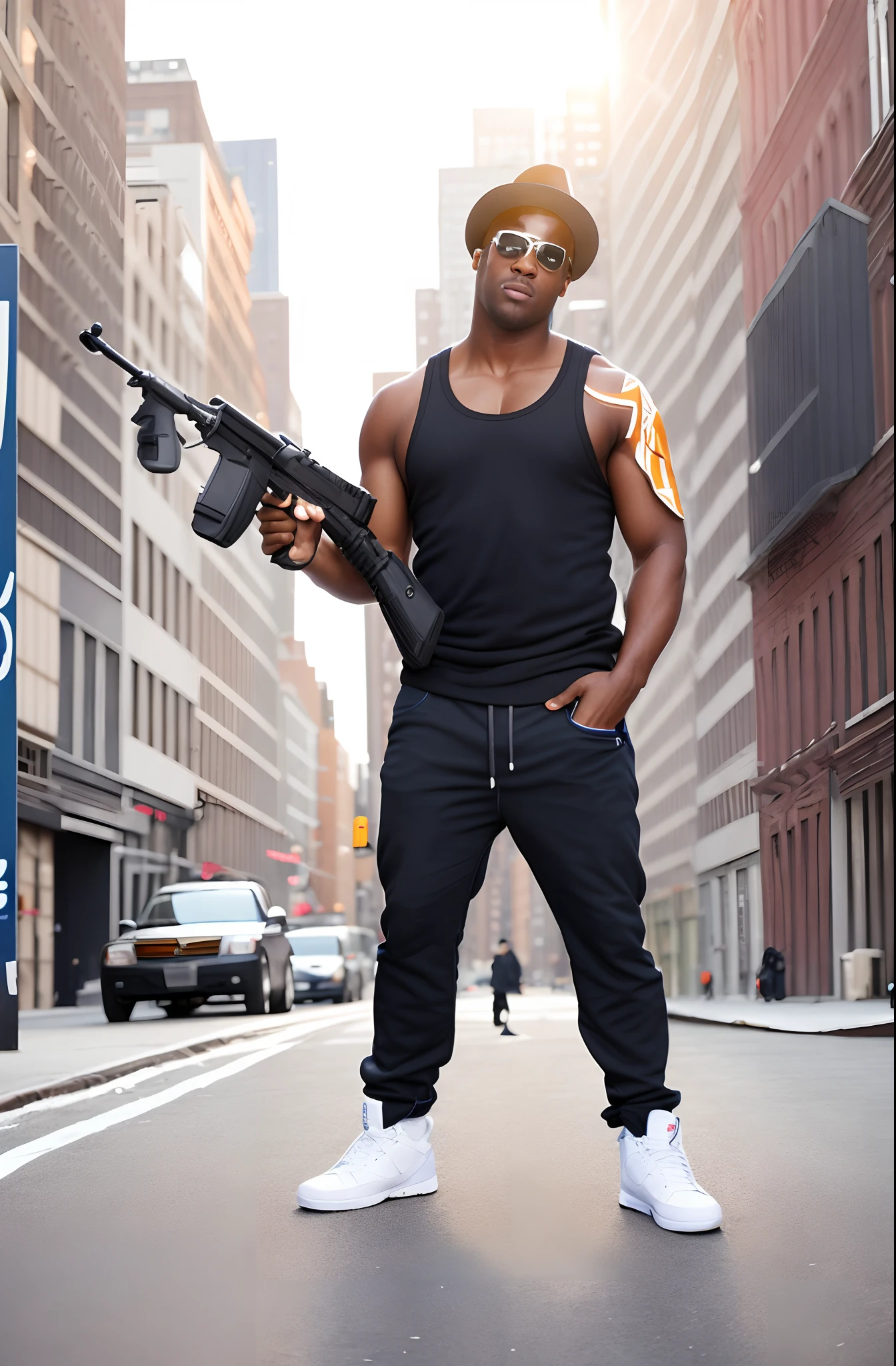 arafed man holding a gun and a roll of toilet paper, photo from a promo shoot, with pistol, head shoot, promo shoot, promotional shot, sakuga gunplay, holding shotgun, holding a mp7, with a gun, man is carrying a rifle, holding rifle, holding gun, fullbody shot, he has a pistol!!, sunglasses, new york city street backdrop, outside basketball court, Afro-American, clean-shaven