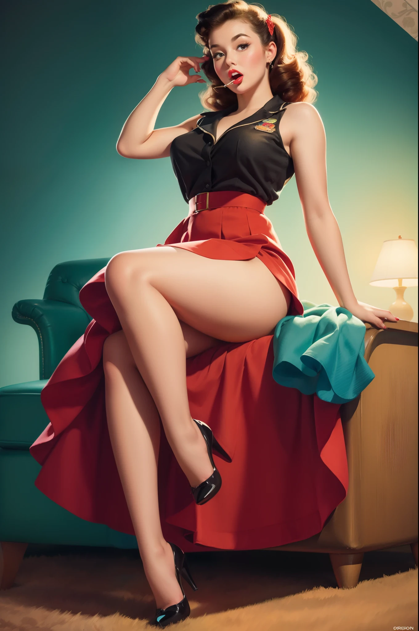 20 years old girl sitting on the chair, vintage,  retro pin up style,sexy, mouth O, surprised, up skirt, flowing skirt,  colorful , masterpieces, illustrated,