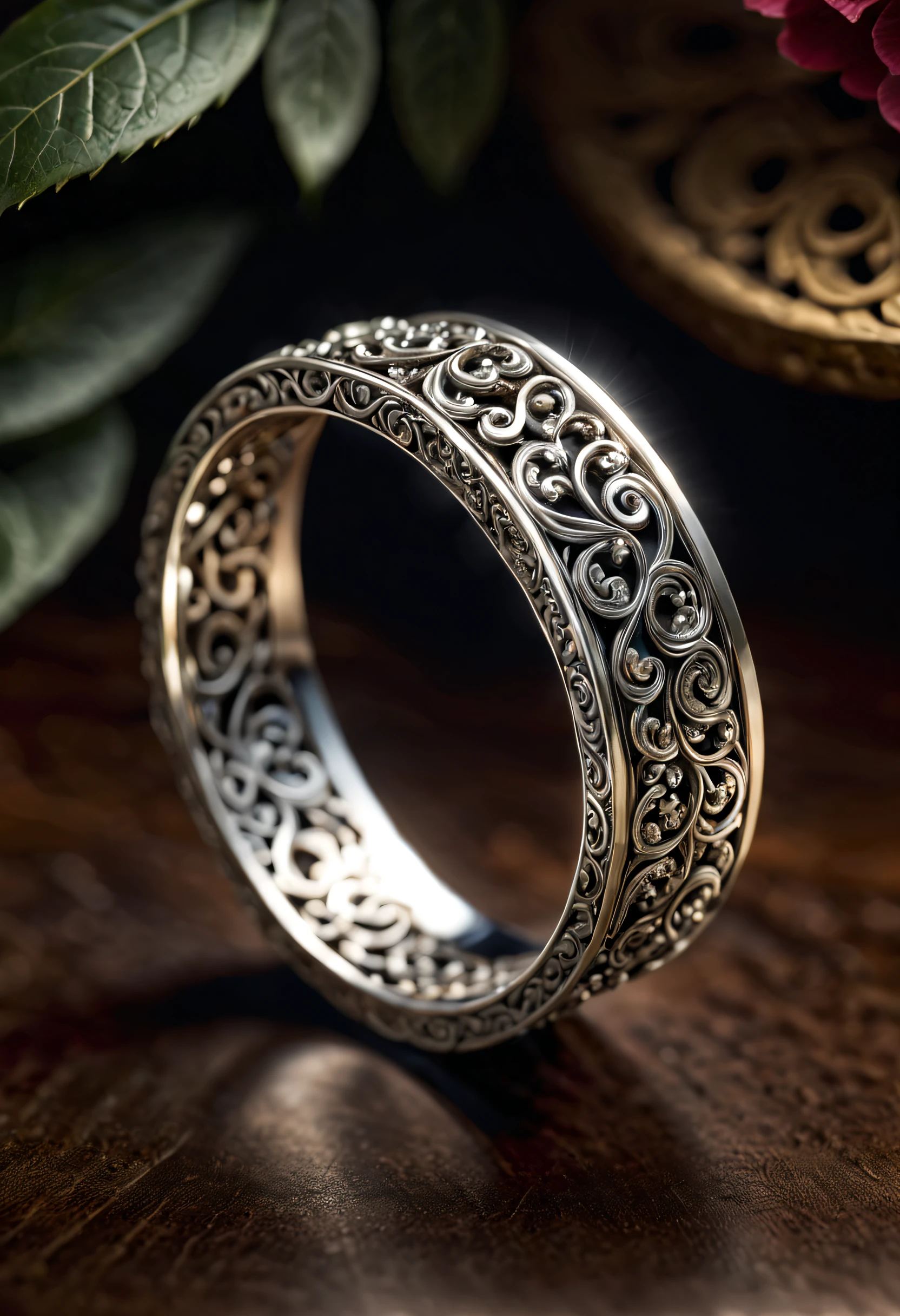 An exquisite and ornate silver metal ring with intricate intertwining strands of swirling patterns, engraved with intricate flourishes and dimensional details, exhibiting a mesmerizing interplay of light and shadow.