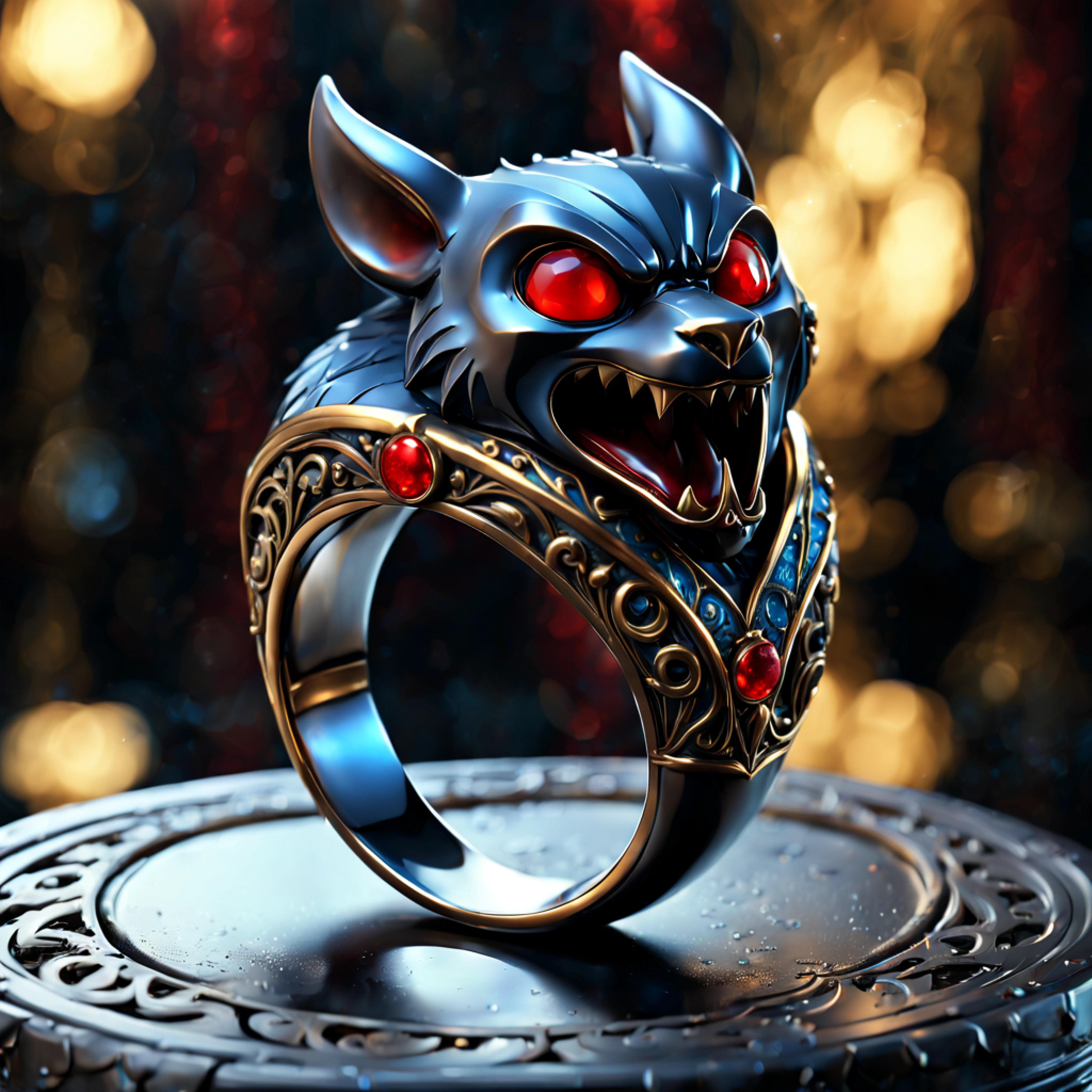 3D scene, (majestic powerful ring with intricate bat engravings on it:1.2), rich ornate patterns, (blue and red and black stones inside it), (metallic reflection), antique decoration, (dramatic composition), (magical ambience)