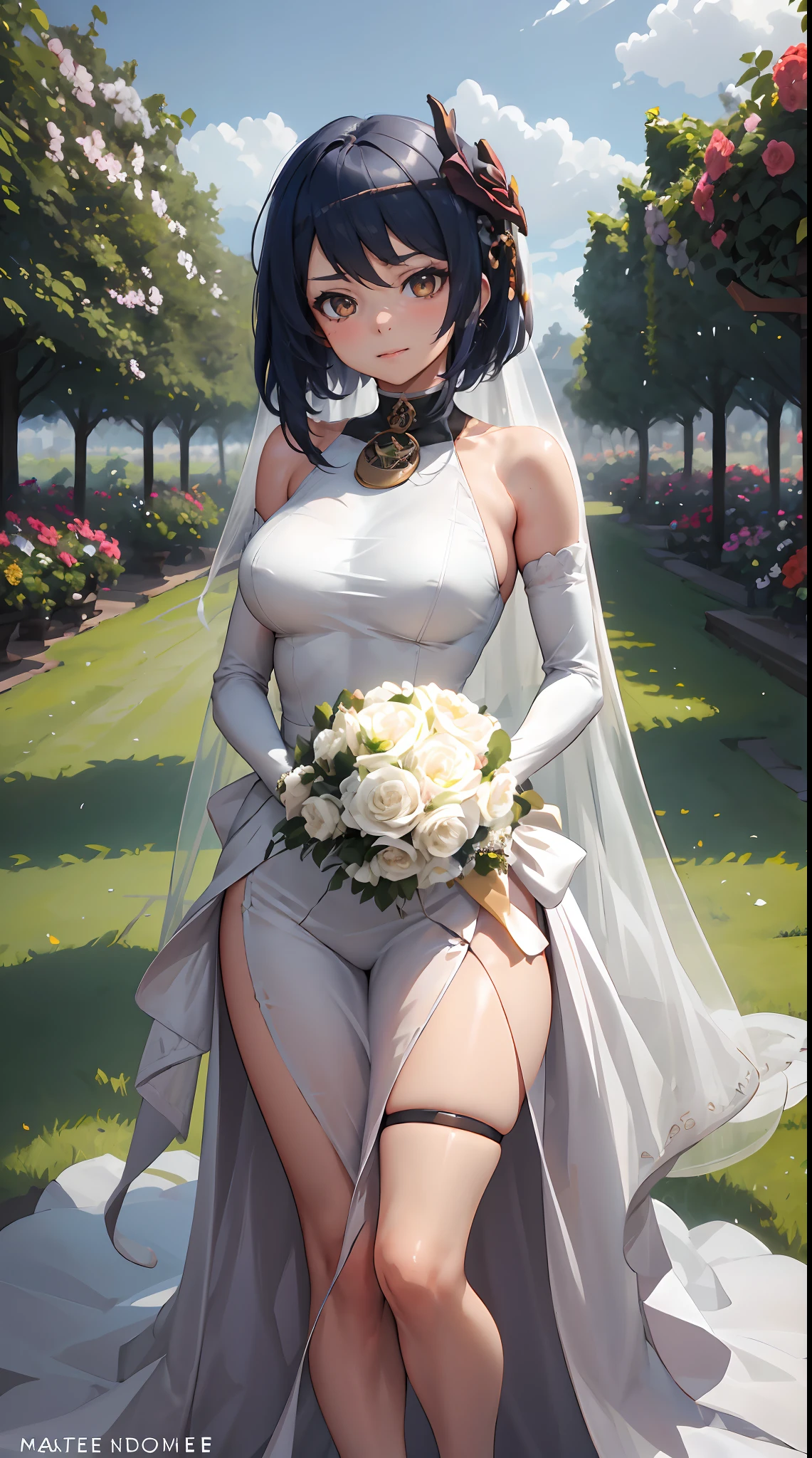 Kujou Sara | genshin impact, master-piece, bestquality, 1girls,25 years old, proportional body, proportional., Wedding Dresses, White Wedding Dress, Long skirt, wedding, ,bara, Standing in the middle of a flower garden, outdoor, wedding, The sky is beautiful, Both hands hold a bouquet of flowers................................................, View viewers from the front., Thigh strap, Head tilt, bored, 10, 10, HD, slight smile,