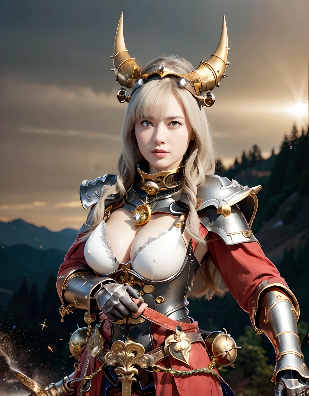 Professional , ​masterpiece、top-quality、photos realistic , depth of fields 、（Dragon Black Metal Body:1.９),(Mattretto、（cleavage of the breast）、Dragon Gold Weapon、（Micro Bikini Armor:1.４),Gorgeous gold weapons ,Particles of light、Particles of light、（（ Dragon's dense and gorgeous sword）） , （demonic wings）、（（a blond））、（Castle background）、Fight dragons、（（Gangle's forest background））、Take intense poses、Beautiful Caucasian beauty、１a person、dynamic ungle,(((Detailed and ornate dragon helmet)))、Smaller head、A smile、Castle background、Thin and beautiful female hands、cleavage of the breast、Soldier in iron armor on background、Mystical expression、Light Effects、intense fighting、Wind-effect、magic circles、With the legendary magic wand、Dragon's tail、explosions、