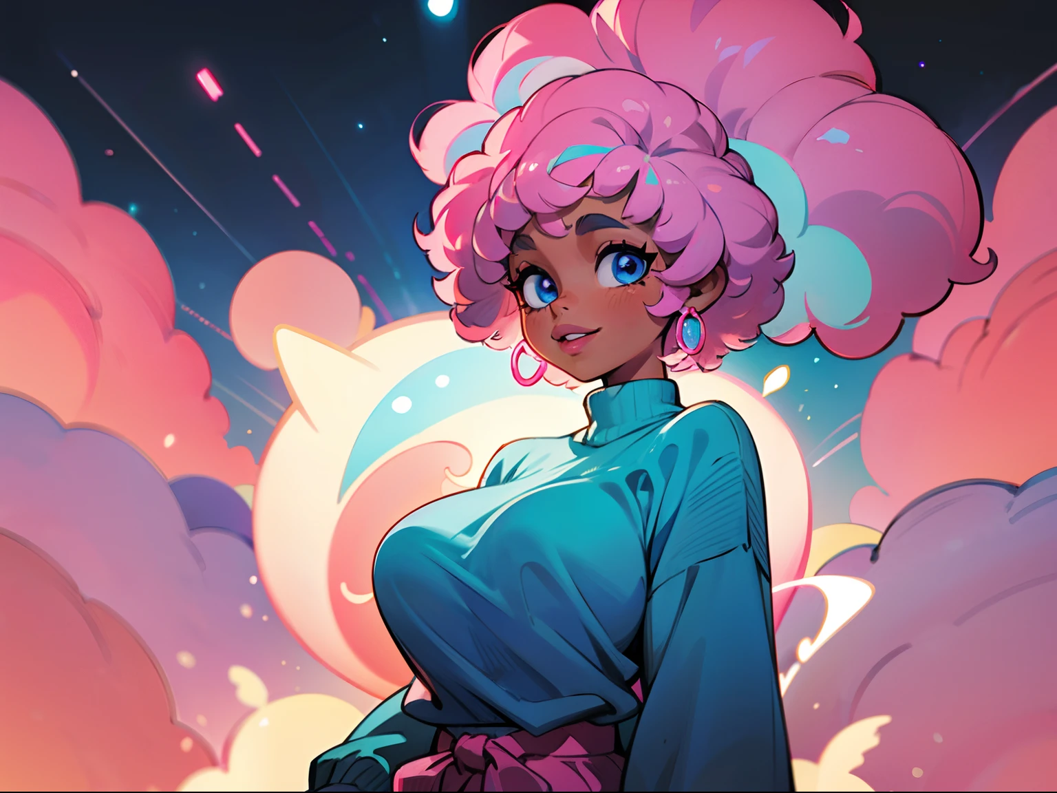 ((solo)), black girl, brown skin, pink afro hair, neon blue eyes, blue lipkstick, thick lips, gentle smile, cute clothes, plump body, big blue sweater, half body framing