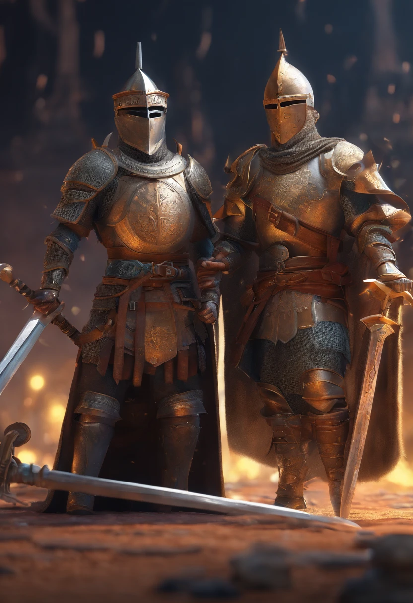 Medieval knight crossing swords against a masked Arab Persian [ciudad azteca de fondo] [cielo oscuro cerrado con tormentas] Disney Pixar Style,