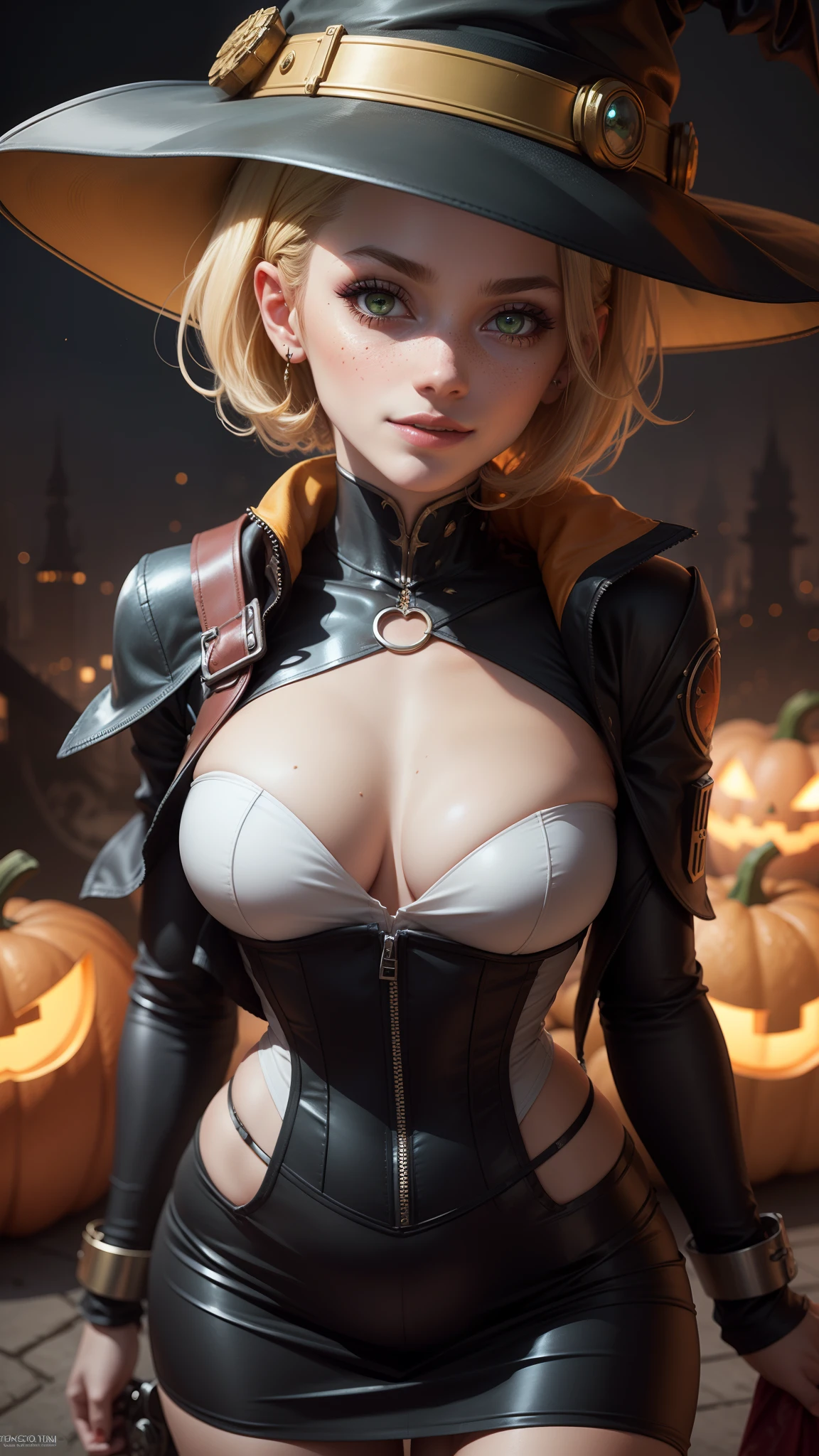 gwen tennyson,tracer,android 18,jill valentine,tomb raider,overwatch,1girl, close up,mecha pilot,halloween village, white and orange plugsuit,hair pin,pirate corset,white long sleeve lycra top,steel tight skirt,short hair,cute makeup, green eyes,silver and golden hair,shy smile,freckles,blonde,beautiful girl,large breasts,ultra detailed,realistic,fantasy art,witch dress,witch hat,witch cloak, magic wand,halloween pumpkin,dark magician girl,