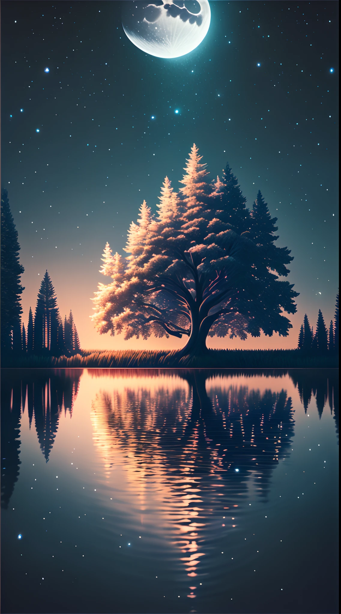 Midnight moon, trees, water, nocturnal, ultra realistic, 4k