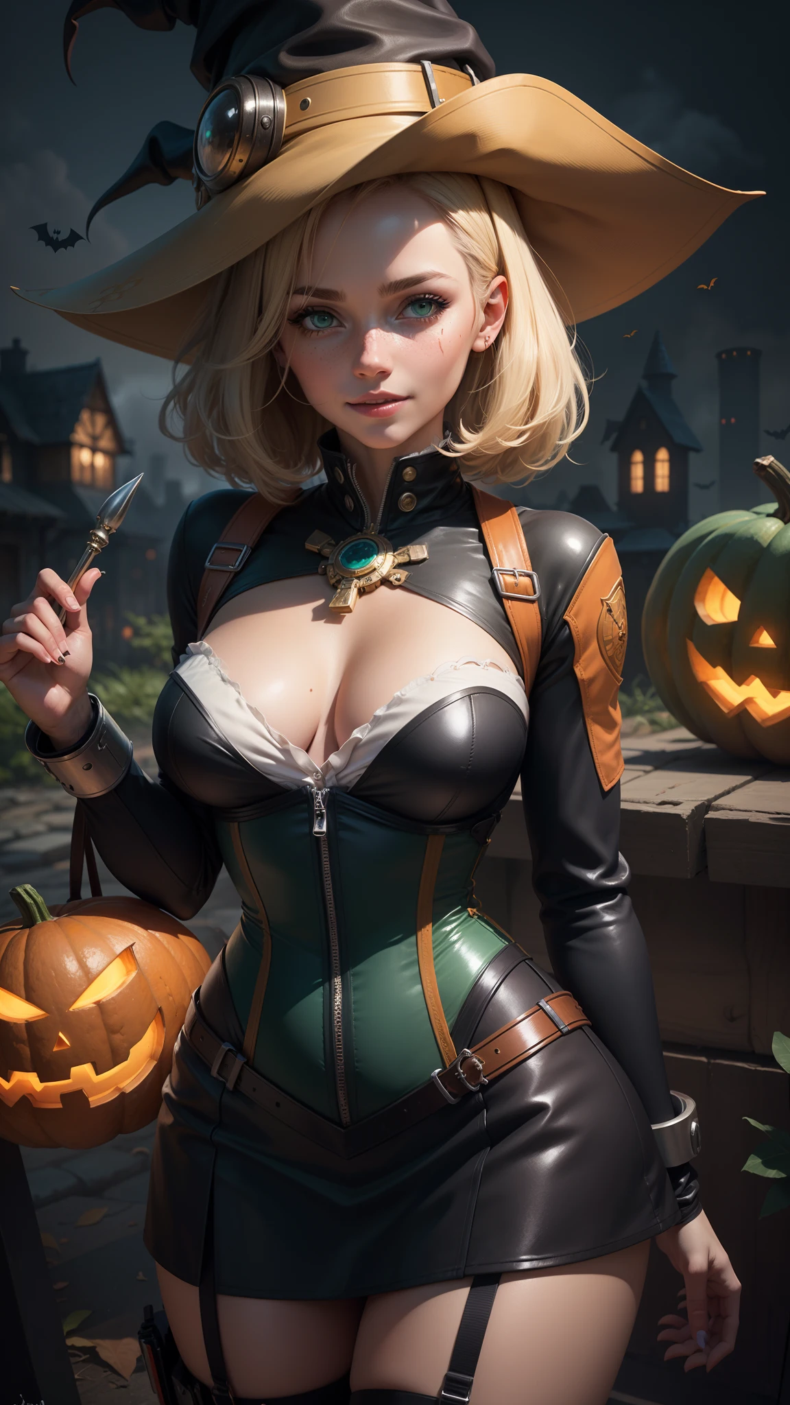 gwen tennyson,tracer,android 18,jill valentine,tomb raider,overwatch,1girl, close up,mecha pilot,halloween village, white and orange plugsuit,hair pin,pirate corset,white long sleeve lycra top,steel tight skirt,short hair,cute makeup, green eyes,silver and golden hair,shy smile,freckles,blonde,beautiful girl,large breasts,ultra detailed,realistic,fantasy art,witch dress,witch hat,witch cloak, magic wand,halloween pumpkin,dark magician girl,