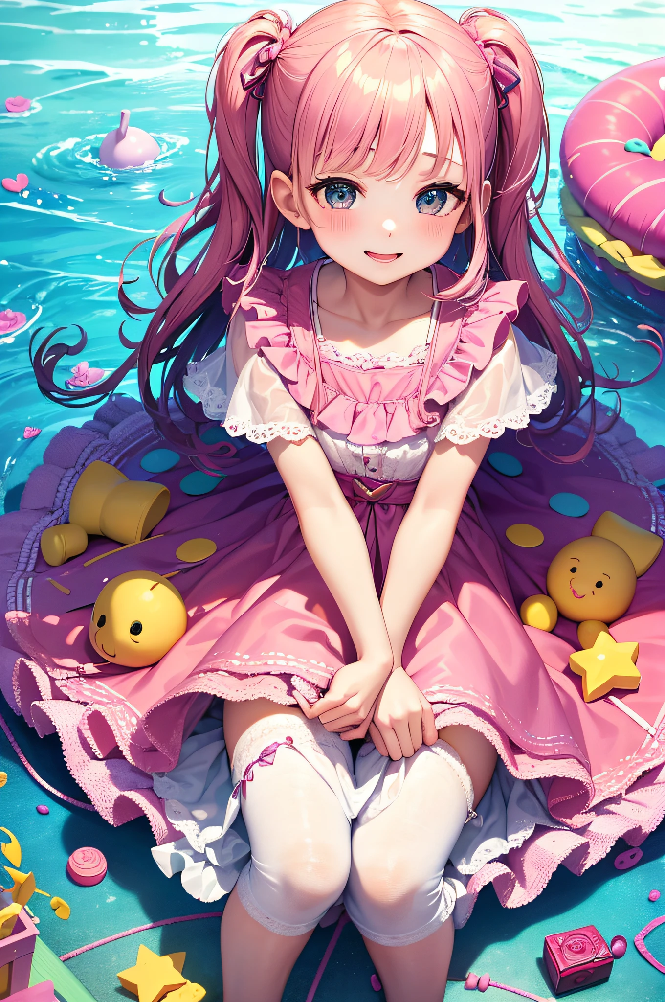 (best quality,4k,highres,masterpiece:1.2),extremely detailed eyes and face,longeyelashes,beautiful detailed eyes,beautiful detailed lips,1girl,cute,innocent,happy,8 year old girl, sitting on a pink carpet, surrounded by several toys, joyful expression,childhood,magical atmosphere,vibrant colors,toys scattered around,smiling face,excitement,love and joy,child's dreams,playful,blissful,lovely clothes,pure happiness,vivid imagination,colorful toys,enjoying her gifts,cherished moments,laughter and giggles,pure innocence,her favorite toys