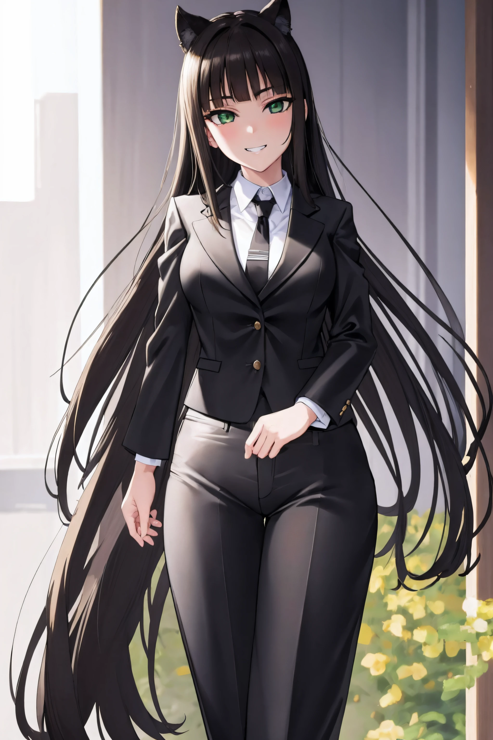 crotchless pants, 1girl, dia kurosawa, black hair, (green eyes:1.5) , shirt, breasts, white gloves,looking at viewer,  black pants,  smile, black necktie, suit,  formal, jacket, large breasts, wine, heart,  black jacket, black panties, collared shirt, long sleeves, , blunt bangs,  business suit, simple background, black tail, cowboy shot, grin20yo,young female,Beautiful Finger,Beautiful long legs,Beautiful body,Beautiful Nose,Beautiful character design, perfect eyes, perfect face, looking at viewer, (innocent_big_eyes:1.0),(expressionless:1.3),seductive anime girl.teasing smile, NSFW,official art,extremely detailed CG unity 8k wallpaper, perfect lighting,Colorful, Bright_Front_face_Lighting, (masterpiece:1.0),(best_quality:1.0), ultra high res,4K,ultra-detailed, photography, 8K, HDR, highres, absurdres:1.2, Kodak portra 400, film grain, blurry background, bokeh:1.2, lens flare, (vibrant_color:1.2) (Beautiful,medium_Breasts:1.4), (beautiful_face:1.5),(narrow_waist),(perfect hands, perfect anatomy)