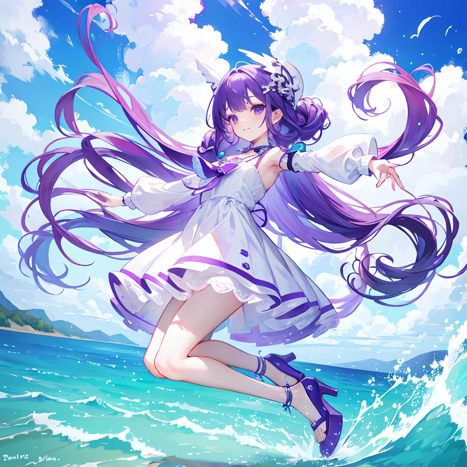 Purple colored hair,long whitr hair,Purple eyes,Twist braids,adolable,teens girl,White gorgeous beautiful dress,Wearing white high heels on his feet,Stand on the water with your feet,Full body photo from the side,All body,Fingers and arms are not exposed,background ocean,with blue sky and white clouds,Happy and happy expression,Cute gestures