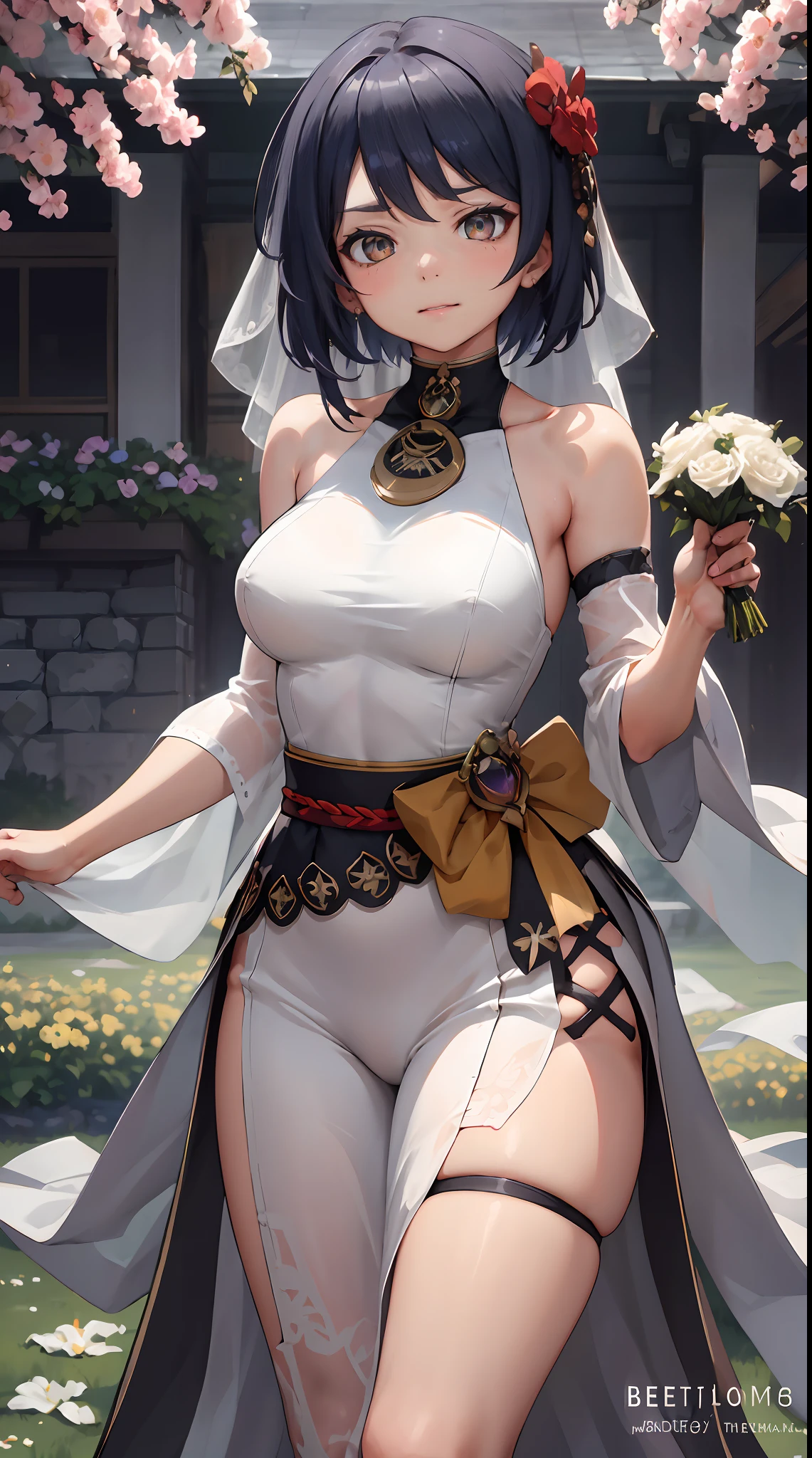 Kujou Sara | genshin impact, master-piece, bestquality, 1girls,25 years old, proportional body, proportional., Wedding Dresses, White Wedding Dress, Long skirt, wedding, ,bara, Standing in the middle of a flower garden, outdoor, wedding, The sky is beautiful, Both hands hold a bouquet of flowers................................................, View viewers from the front., Thigh strap, Head tilt, bored, 10, 10, HD, slight smile,