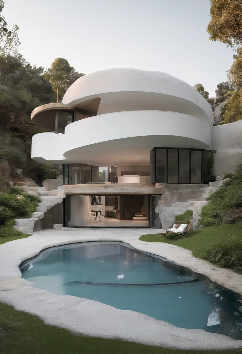 House made out of Stuko, Inspired by the flint stone, Very round, No sharp edges, with a natural pool with above and under water caves with fish, all white material,
