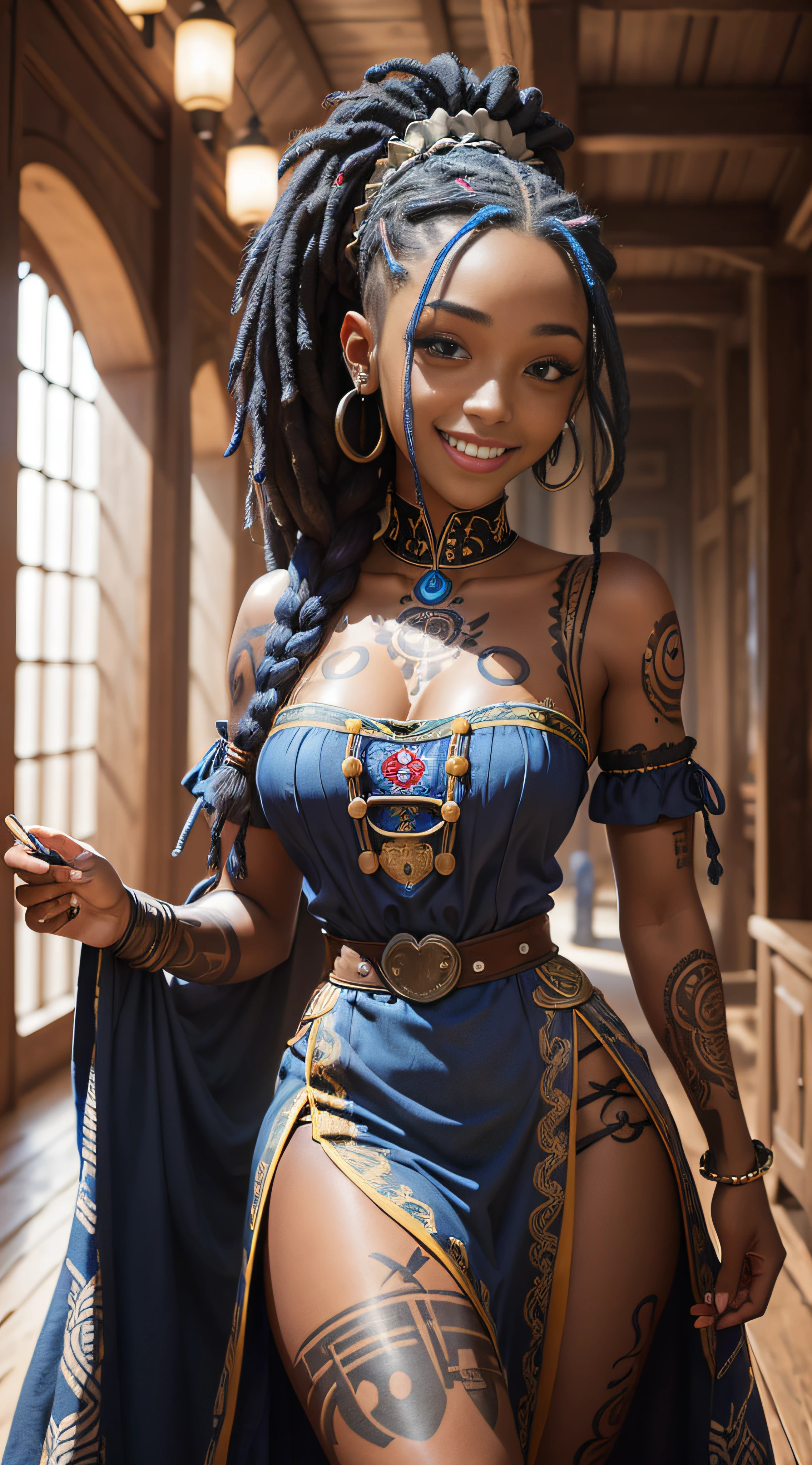 a portrait photo of a black girl, smiling, tattoo, blue dreads, (folk dress:1.3), Ukrainian short dress, pronounced feminine feature, insane details, intricate details, hyperdetailed, complex background, medieval tavern, indoors