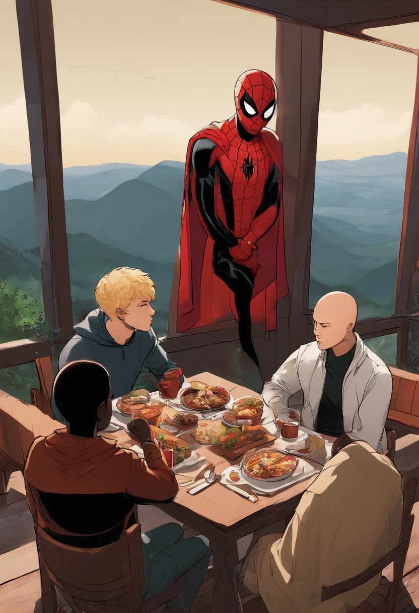 Miles Morales and One punch man eating lunch at a table on a mountain