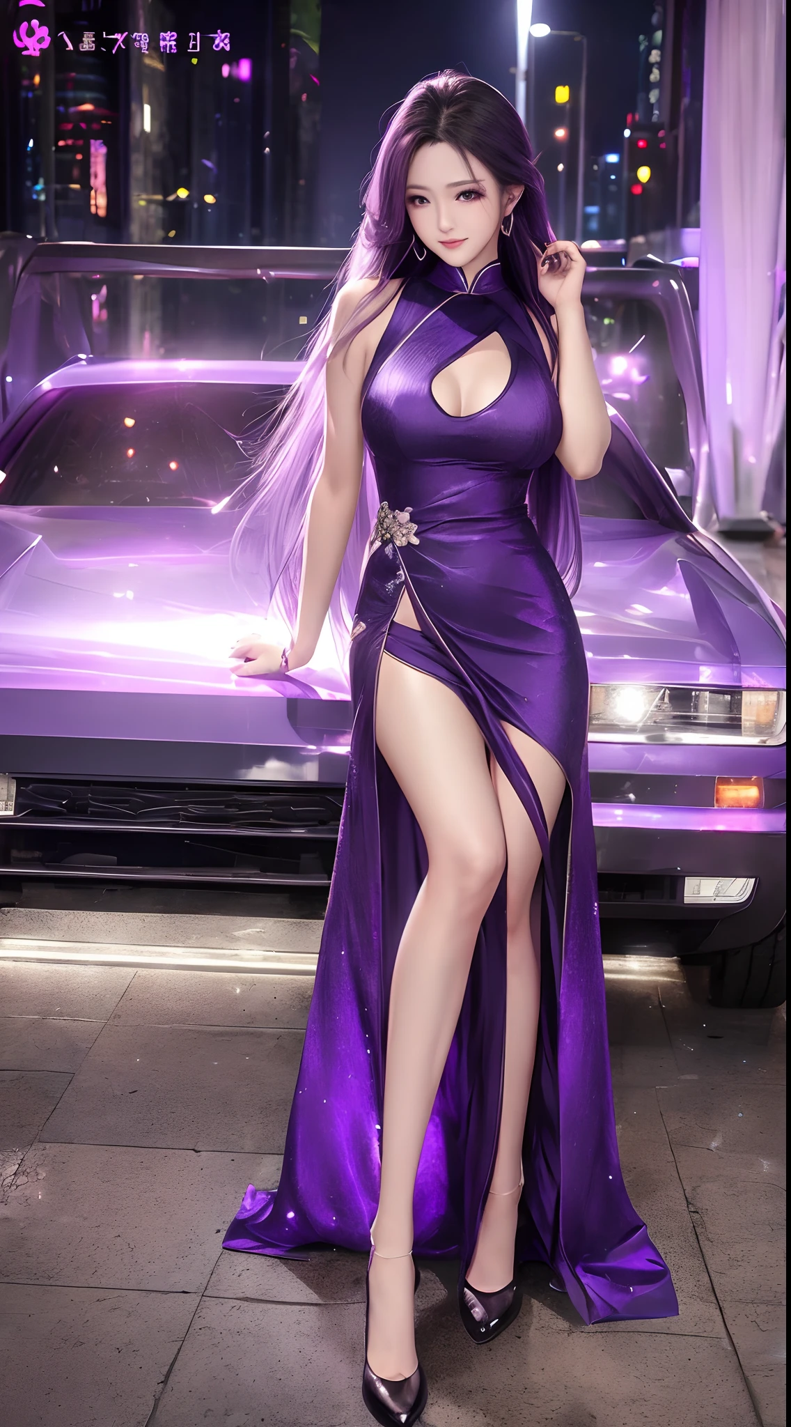 (Long lavender hair, Shining, reflective light,Light wind,Messy), (Purple eyes, vibrant, Glowing), fond violet,Sexy openwork cheongsam,Black tall stockings, Cinematic lighting