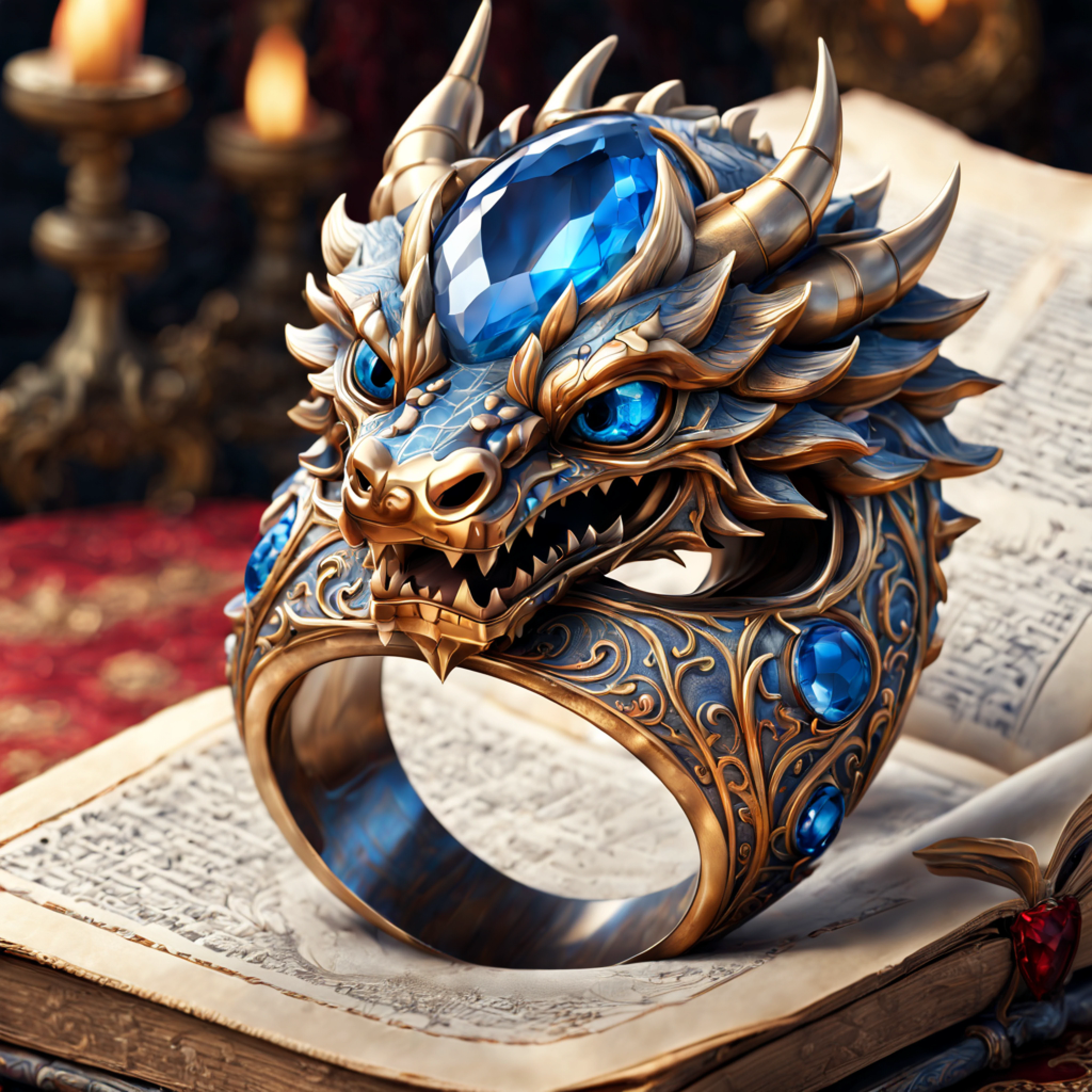 3D scene, (big majestic powerful ring:1.2), rich ornate patterns, (mystical aura), (intricate draconic engravings on it), (blue and red stones inside it), (metallic reflection), (lying on an old book), (castle room background), antique decoration, (magical ambience)