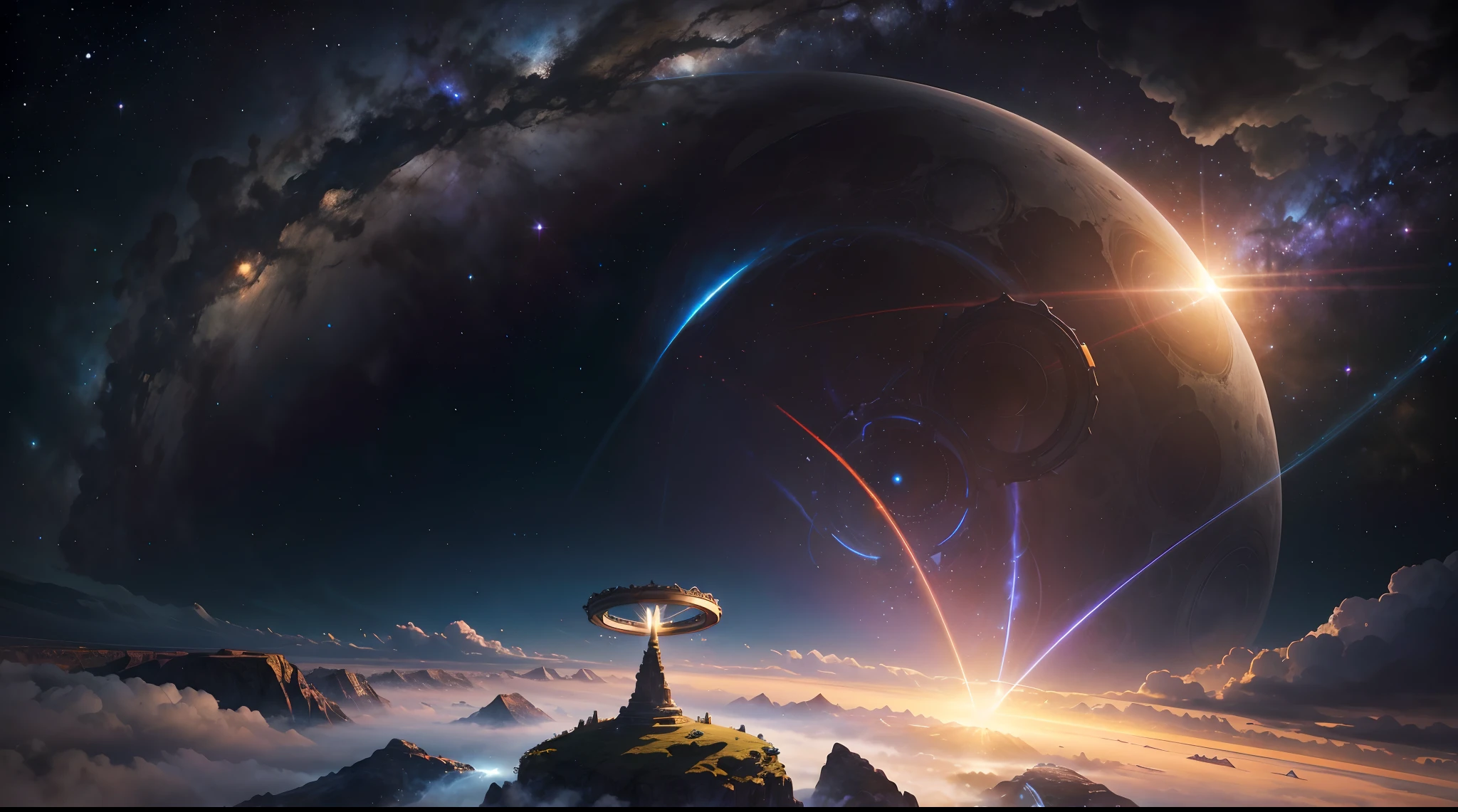 Mesmerizing art piece portraying the Halo Ring Array as a celestial marvel, capturing its vastness and intricacy with breathtaking landscapes and fascinating structures. Ring worlds, Sacred Rings, Fortress Worlds