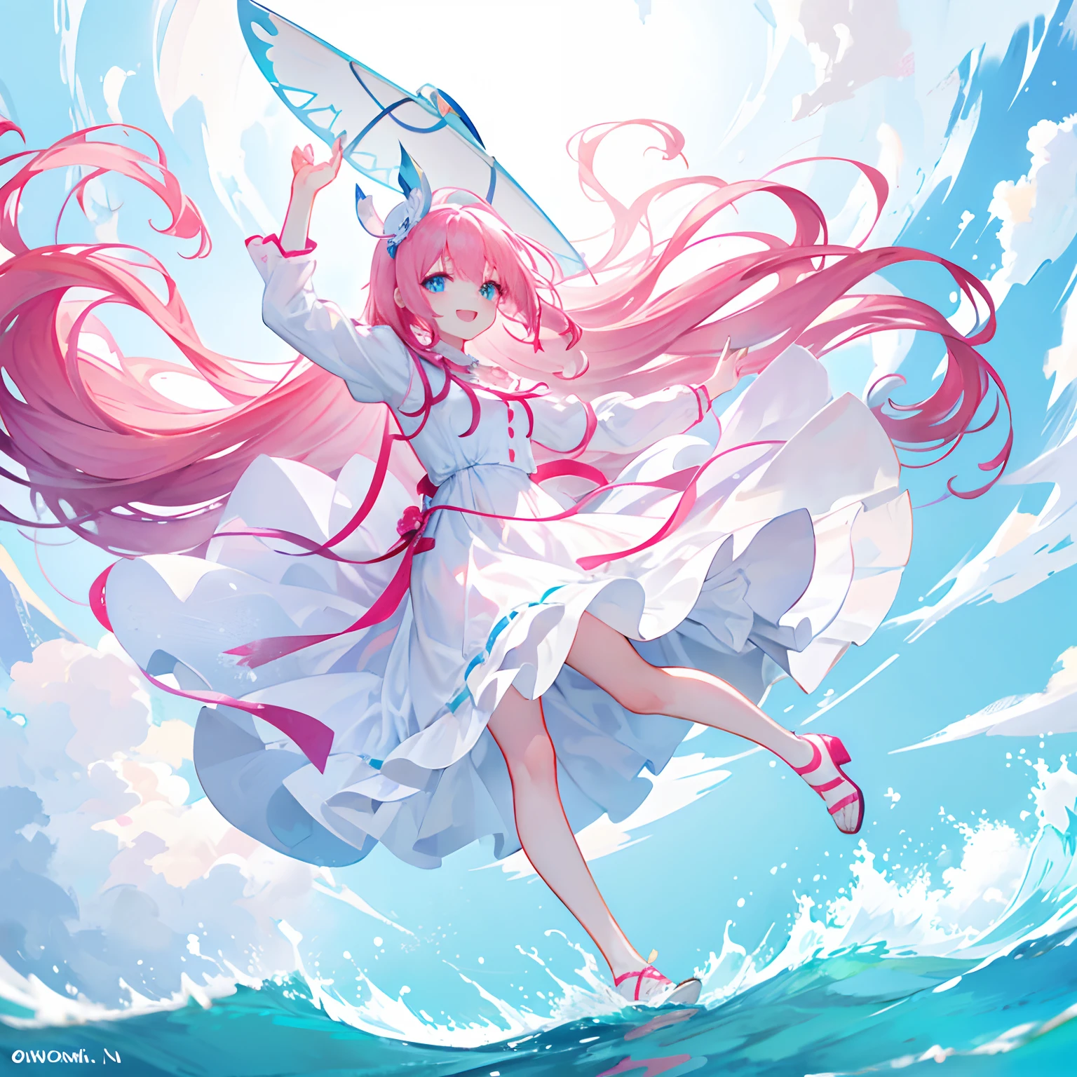 Pink hair,long whitr hair,Neat bangs,Qi bangs,skyblue eyes,,adolable,s girl,White gorgeous beautiful dress,Wearing white high heels on his feet,Stand on the water with your feet,Full body photo from the side,All body,Fingers and arms are not exposed,background ocean,with blue sky and white clouds,Happy and happy expression,Cute gestures