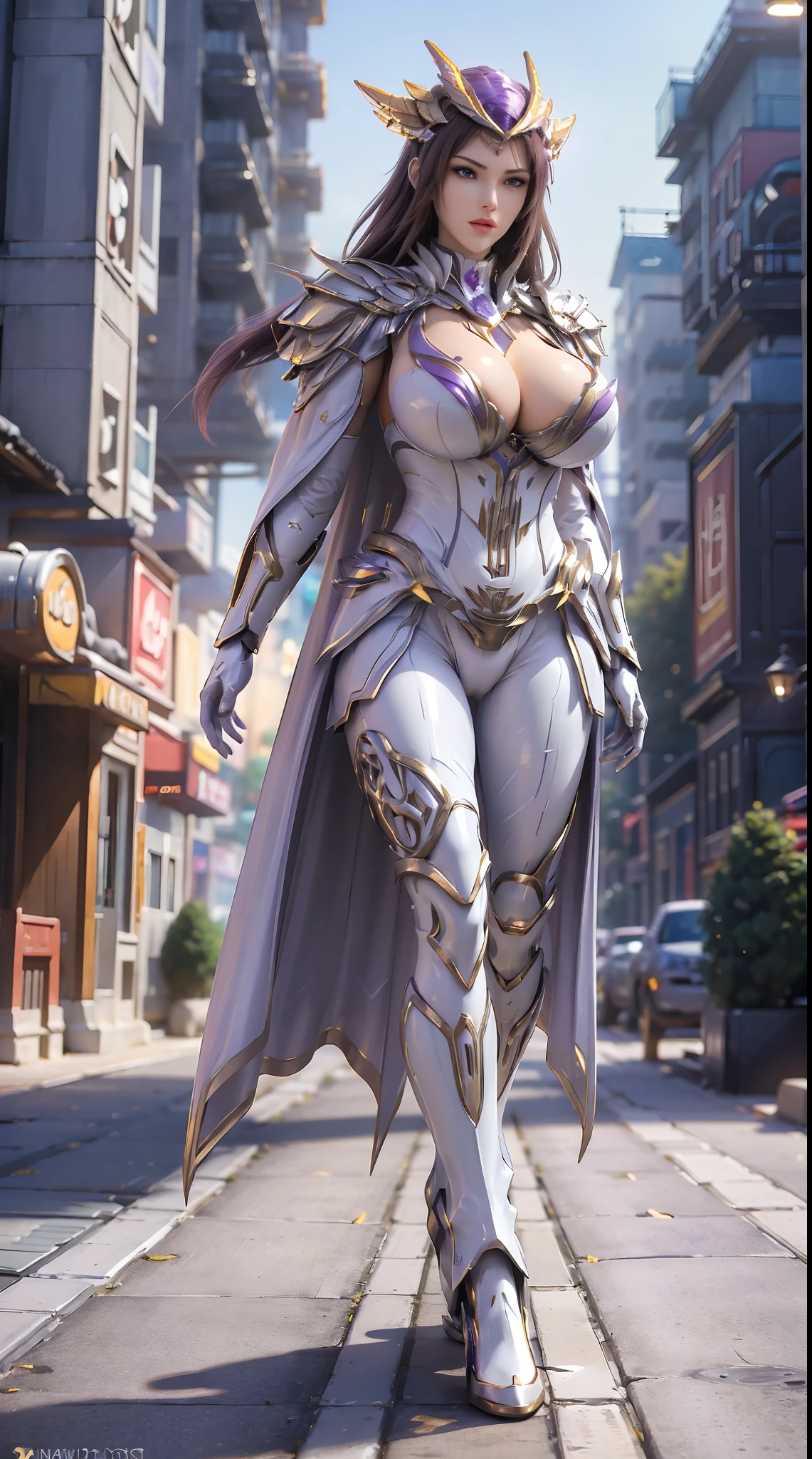 1GIRL, SOLO, (brown hair), (HUGE FAKE BOOBS:1.3),(GUARD ARM, GLOVE), (white, purple, gold, FUTURISTIC PHOENIX MECHA ARMOR SUIT, ROYAL CAPE, CLEAVAGE:1.5), (SKINTIGHT YOGA PANTS, HIGH HEELS:1.2), (NSFW GLAMOROUS BODY, SEXY LONG LEGS, FULL BODY:1.3), (FROM FRONT, LOOKING AT VIEWER:1), (WALKING DOWN ON STREET NIGHT CITY:1.3), PHYSICALLY-BASED RENDERING, ULTRA HIGHT DEFINITION, 8K, 1080P.