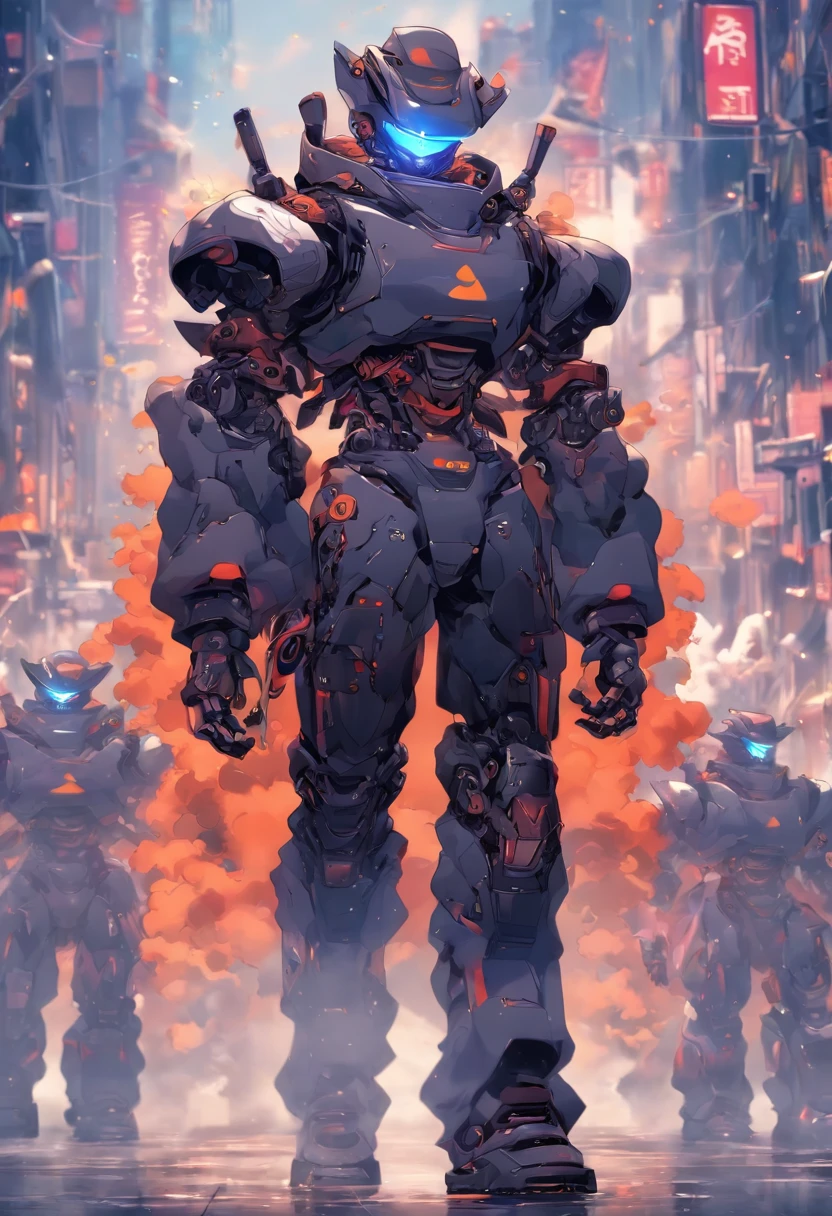 grey turtleneck coat, purple hat, (Metal Body:1.5), ember, male, blue jeans, Black Boots, Orange Laces, (metallic skin near the body:1.4), (a robot:1.5),Black sunglasses, cigarette in your mouth, A cloud of smoke from the mouth, black|torn| leather vest, , Post-Apocalypse
