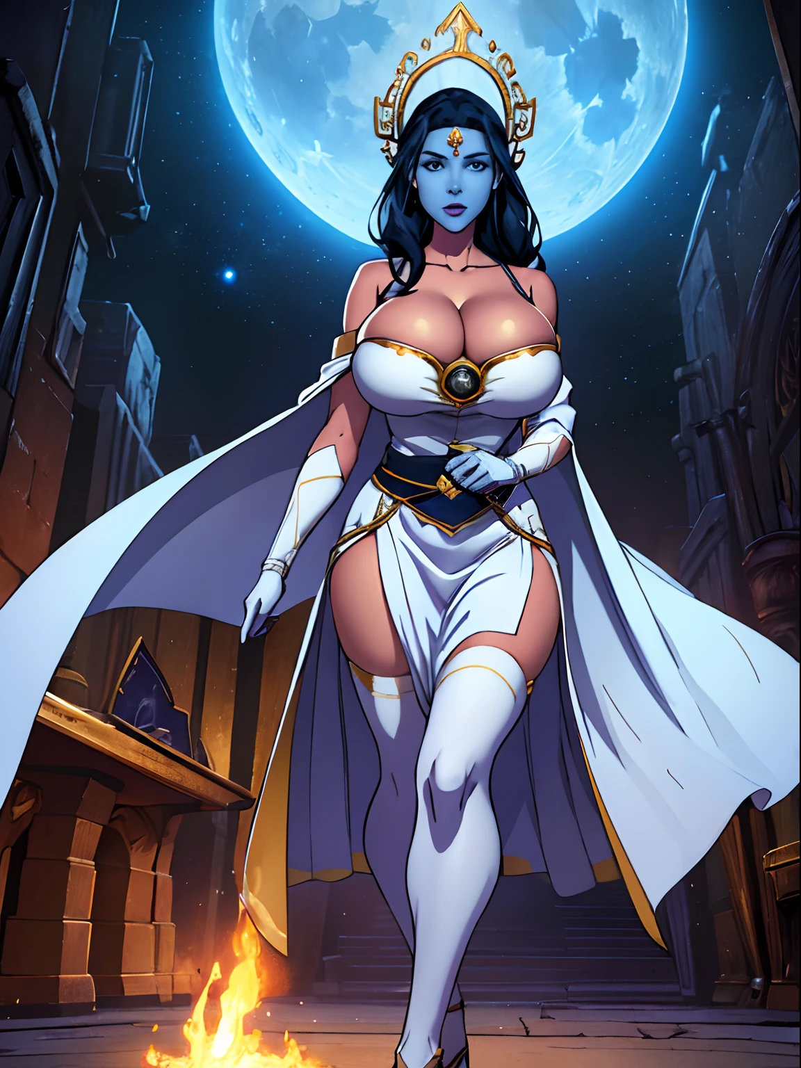 (masterpiece, top quality, best quality, official art, beautiful and aesthetic:1.2), (1girl:1.3), dark blue hair in braid, extremely detailed, portrait, looking at viewer, solo, (full body:0.6), detailed background, close up, (cool science fiction space theme:1.1), ((((blue skin)))), extremely busty sorceress, charlatan, mysterious, casting spells in space, four arms, revealing white robe, white dress, see-through, blindfolded, fingerless gloves, long gloves, glowing magical energy, blindfold, elaborate headdress, golden ceremonial headdress, sheer white fabric, elegant robes, skirts, streamers, cowl, cape, sandals, bracers, ((((gigantic breasts, cleavage, skindentation)))), slim waist, slim hips, long legs, athletic, SPACE, futuristic moon, (space exterior:1.1) background, dark mysterious lighting, shadows, magical atmosphere, dutch angle