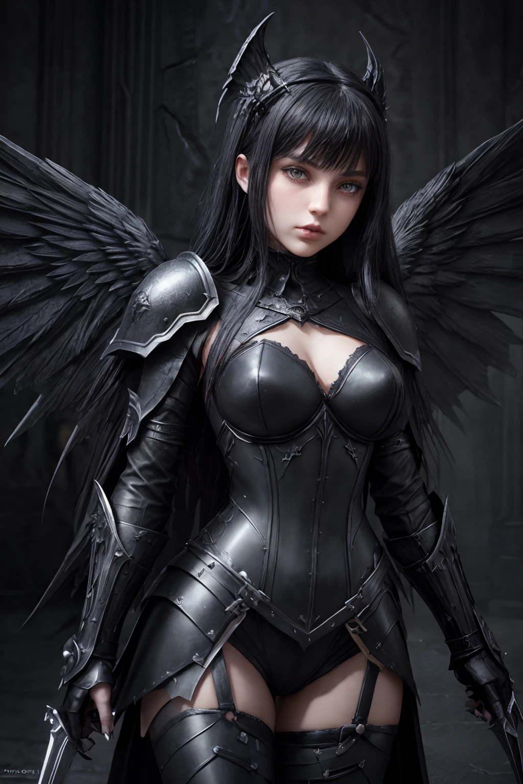 a close up of a woman in armor with wings and a sword, angel knight gothic girl, angel knight girl, villainess has black angel wings, gothic fantasy art, dark angel, dark fantasy style art, dark fantasy art, in style of dark fantasy art, raven winged female vampire, fantasy dark art, dark fantasy artwork, high quality fantasy art, dark fantasy character design