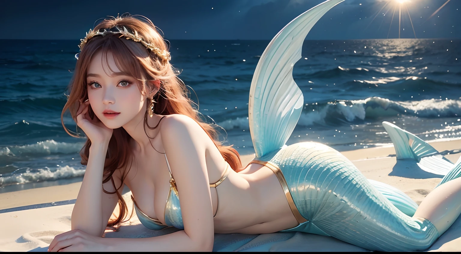 Sexy goddess,best qualityer,Snow-whiteskin,8K high quality,Sexy goddess,A pair of big eyes are beautiful and moving,White skin,putting makeup on,Red long-haired,Volt perspective,Lower body mermaid tail,curlies,Sexy outfit,Volt view,Look up,gold;jewely,Flying in outer space,Behind,Ocean Earth,Space-time gate,milky ways,the ocean,swell sea,Greatwave,Beautiful sunset sun,lighthouse,Lower body mermaid tail,Lying on the shoreline,Very artistic photos。
