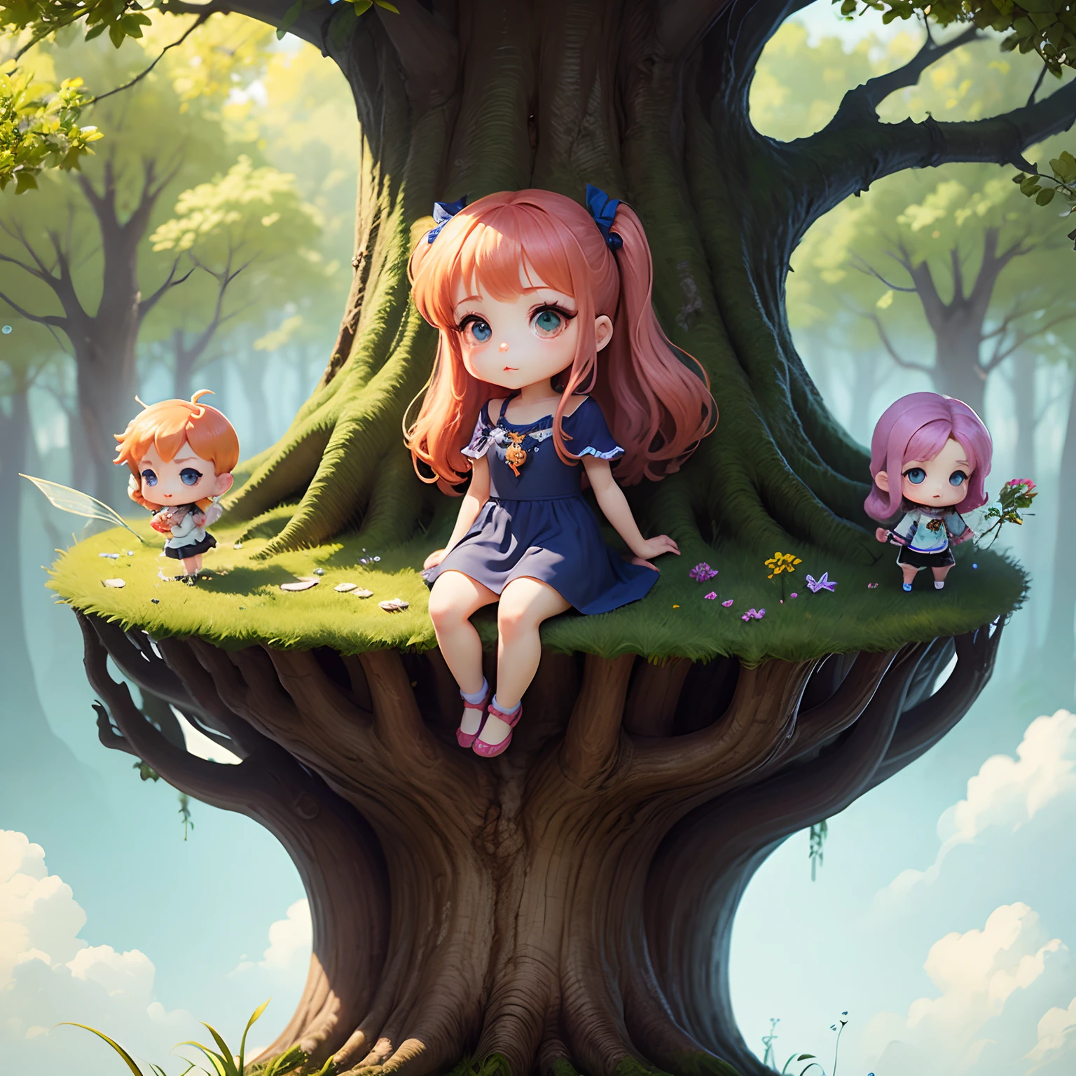 masterpiece、top-quality、ultra-detailliert、(Chibi Chara Daphne:1.2)、Greek mythology、fairy tale forest、Paws grow from a tree、Bright sunlight