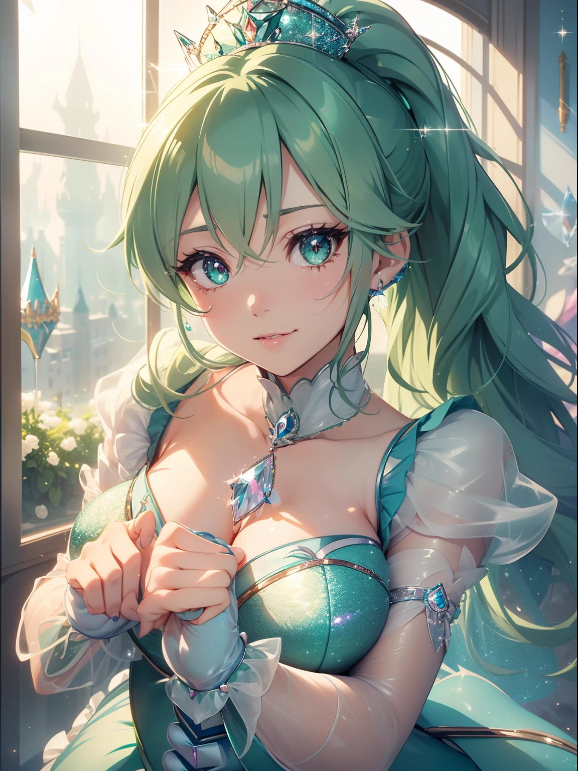 masutepiece, High resolution, 8K, anime woman, Delicate and detailed writing 、Detailed digital illustration、absurdly long hair、(((Ponytail)))、Shiny hair、a very beautiful woman、Eyes are double, Large,Little hanging eyes、 Bust E Cup、High image quality, High quality、Detailed background、、The inside of the eye shines like a diamond、(((Dark green hair)))、Gradient pupil、(((2 arms、4 fingers, 1 thumb)))、Detailed female face、a very beautiful woman、、细致背景、​masterpiece、Soft Focus , Bright gradient watercolor , Lens Flare , (((Glitter))) , Glow , Dreamy ,a miniskirt、Idol、Light Green Ribbon、Very beautiful light green rose hair accessories、Light green and gold costume with white as the main color、((Macroface))、(Cool Girl).Tall lady、Dignified.((No bangs))、((Eyes with blue gradient glow))、Full smile、(((Face Close-up)、(((Cinderella、Glass shoes)))、