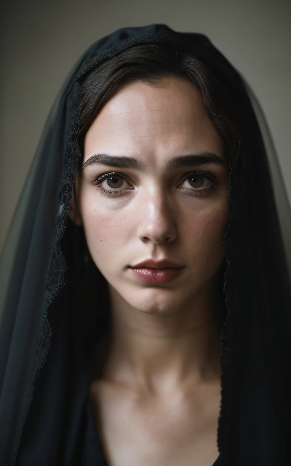 (Melhor Tiro, fotografia editorial de uma jovem de 30 anos gal gadot), (rosto altamente detalhado:1.4) (sorrir:0.7) (fundo dentro escuro, Moody, estudo privado:1.3), Steampunk Pirate Airship, Directed by: Lee Jeffries, Nikon D850 | | | | | | | |, Fotografia Stock Film, 4 Kodak Portra 400 ,camera f1.6 lentes, cores ricas, hyper realistic, Textura realista, dramatic lighting, cinestill 800,Wearing veil over head messy black short hair, Serious, (sardas:].4), pale skin,