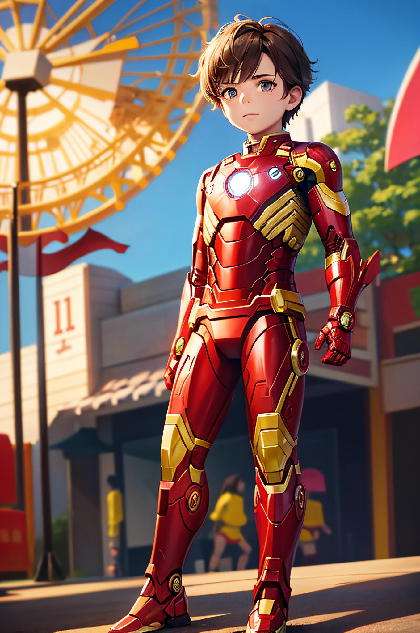 iron man, 8 version with classic armor, in the background of an amusement park