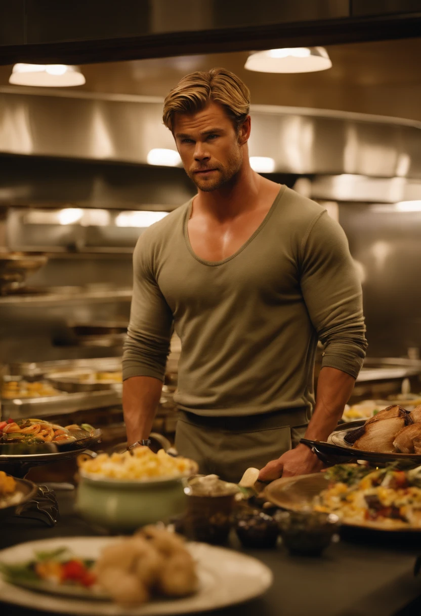 Full body photo of Chris Hemsworth as British-American James Parker, age 27, with short blonde hair and pale skin, shirtless, wearing heavily stained oversized digital camo sweatpants, crocs, ((obese)) body type, passed out surrounded by buffet plates as a Buffet Scout.