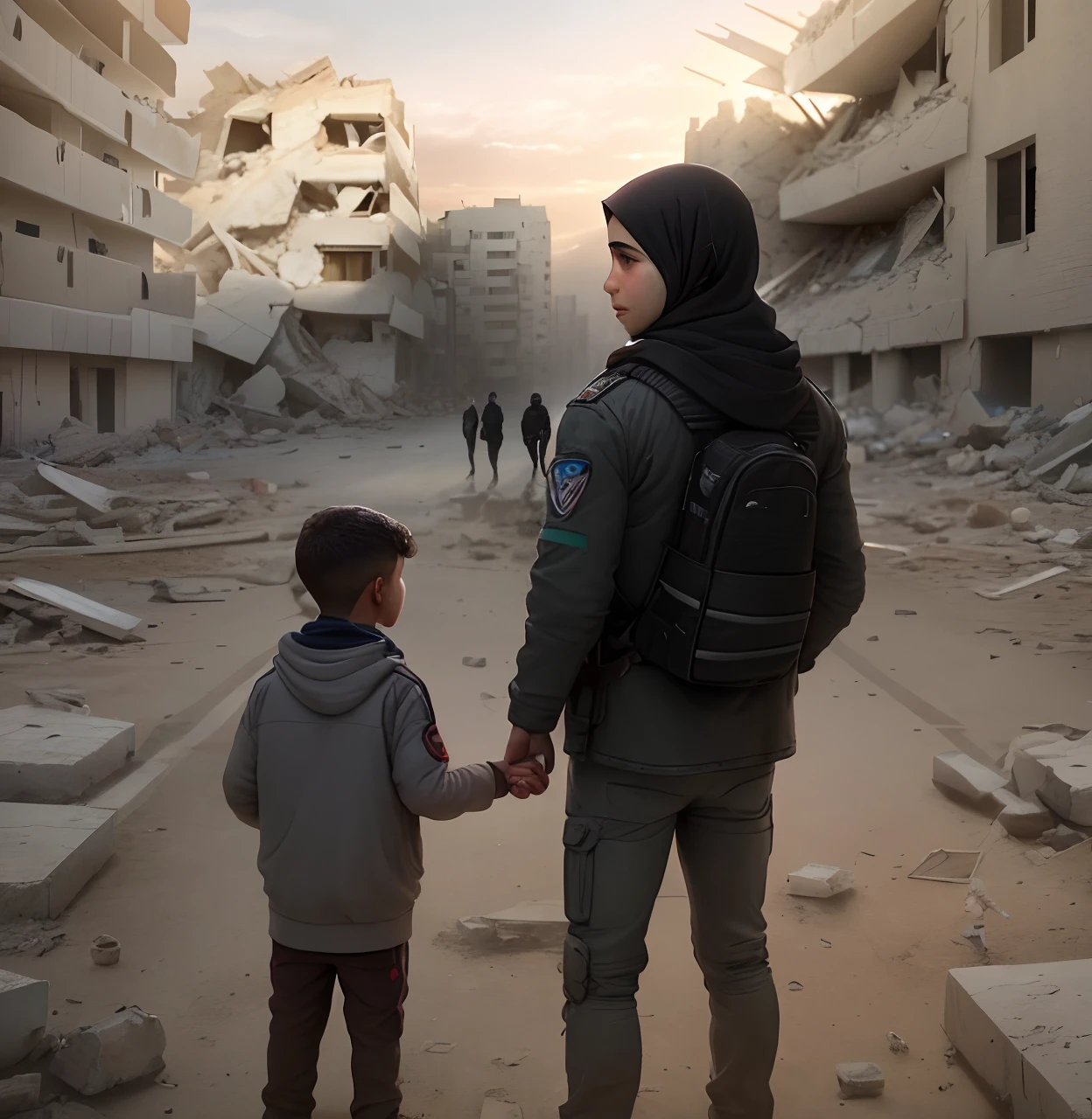 "Describe the emotions and story behind this impactful image of a sad Palestinian, Standing with a  next to you, Surrounded by the rubble of a street with destroyed buildings. Explore facial expressions, the environment and the possible narratives that may emerge from this devastating scenario."