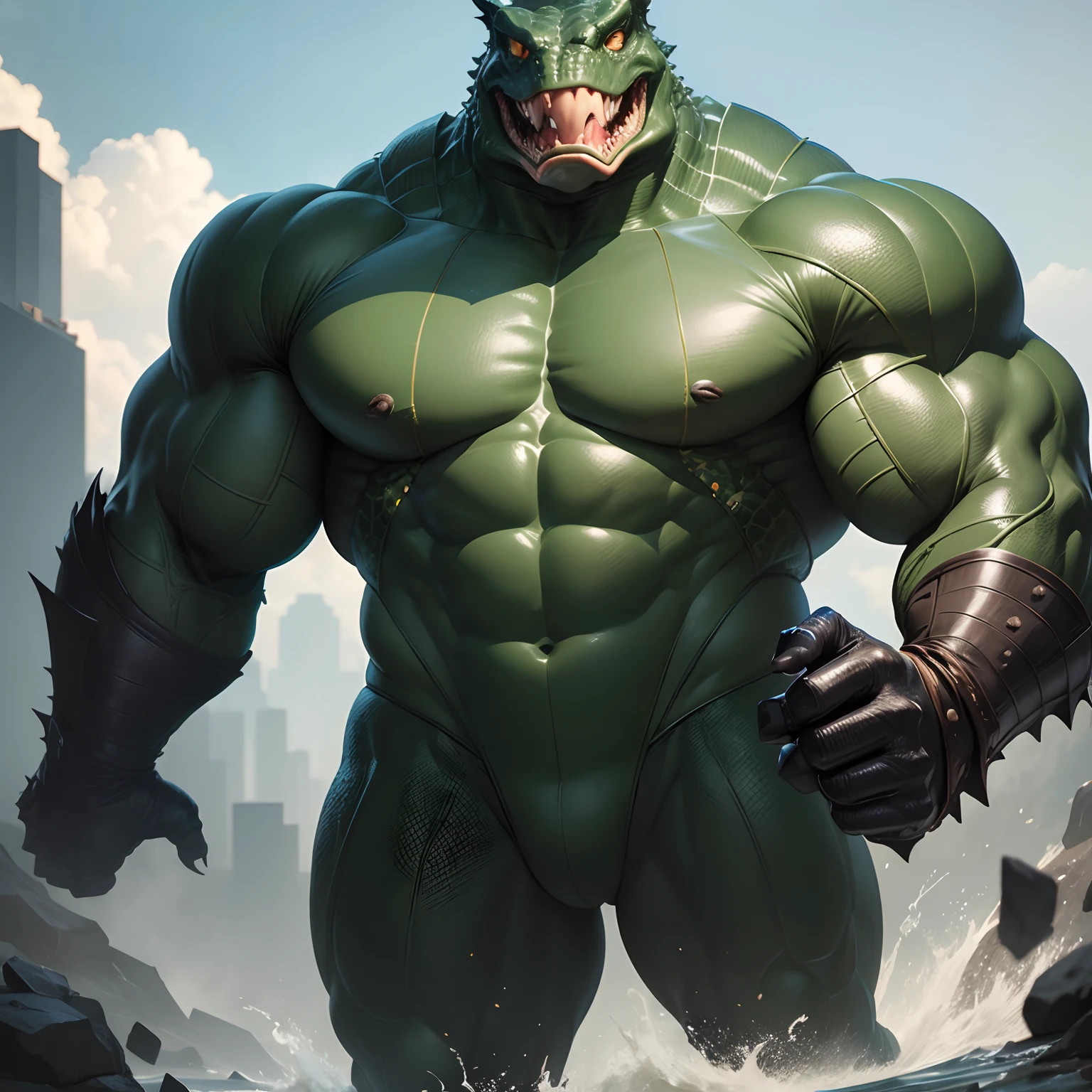 Humanoid crocodile muscled with huge arls , huge torso , huge pecs , huge legs , clothes suit with a rie , full body