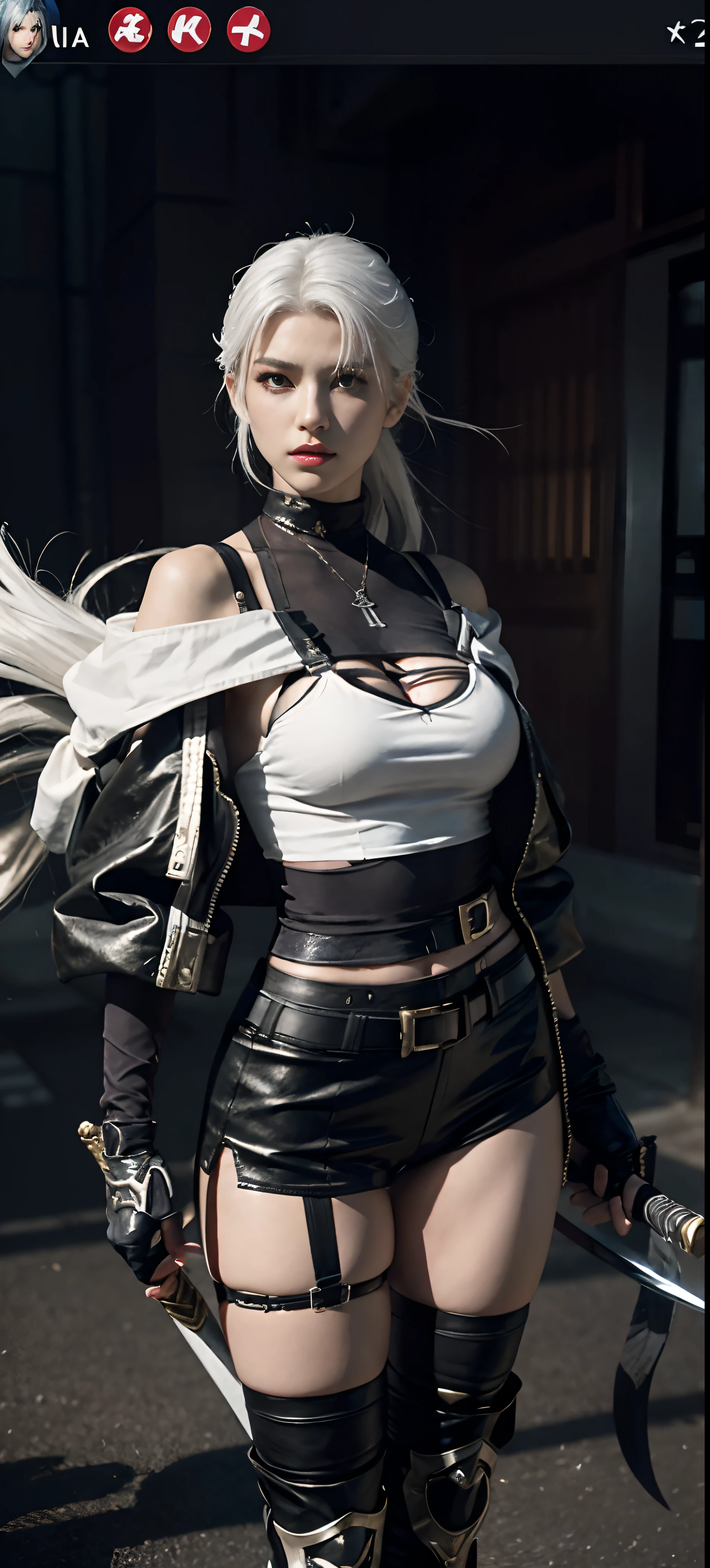 a close up of a person in a costume with a sword, as a character in tekken, female character, tifa lockhart with white hair, katana zero video game character, lunar themed attire, kda, slim body, cyborg - girl with silver hair, upper body avatar, (( medium breast;1.2)), fashion gameplay screenshot, fighting game character, new character, floralpunk elysian maiden, sigma female