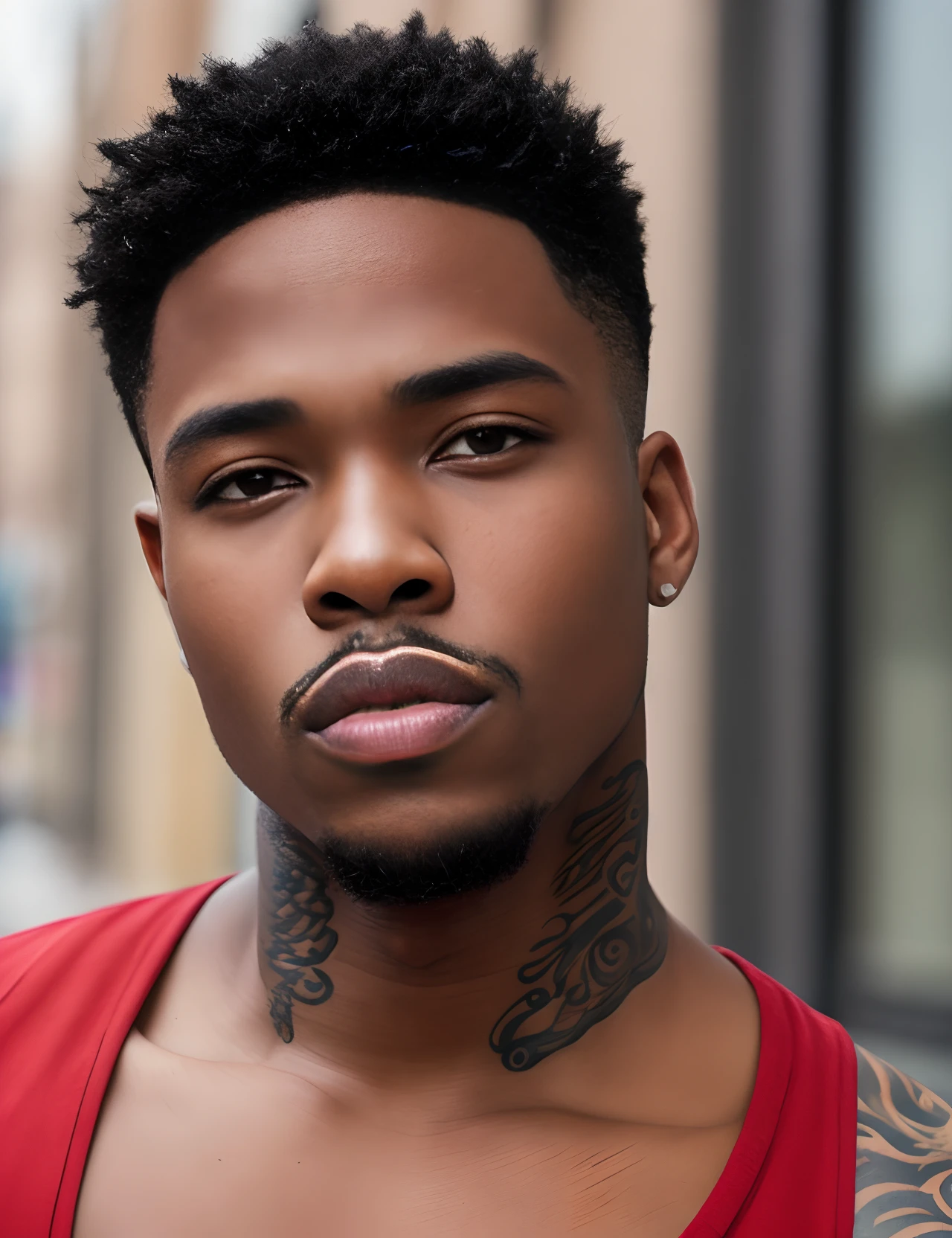 Hyper realistic , ultra detailed, photo of ruggedly handsome African man, 18 years old, buzz cut, thick masculine eyebrows, big lips, prominent lips, defined lips, tattooed, Front facing, ultra detailed, ultra accurate detailed, Shot with canon EOS RI camera at 50 mm focal length with a 1.4 aperture. 4k, 8k. Heavy makeup and a coy expression, photo taken on the streets of brooklyn, new york
