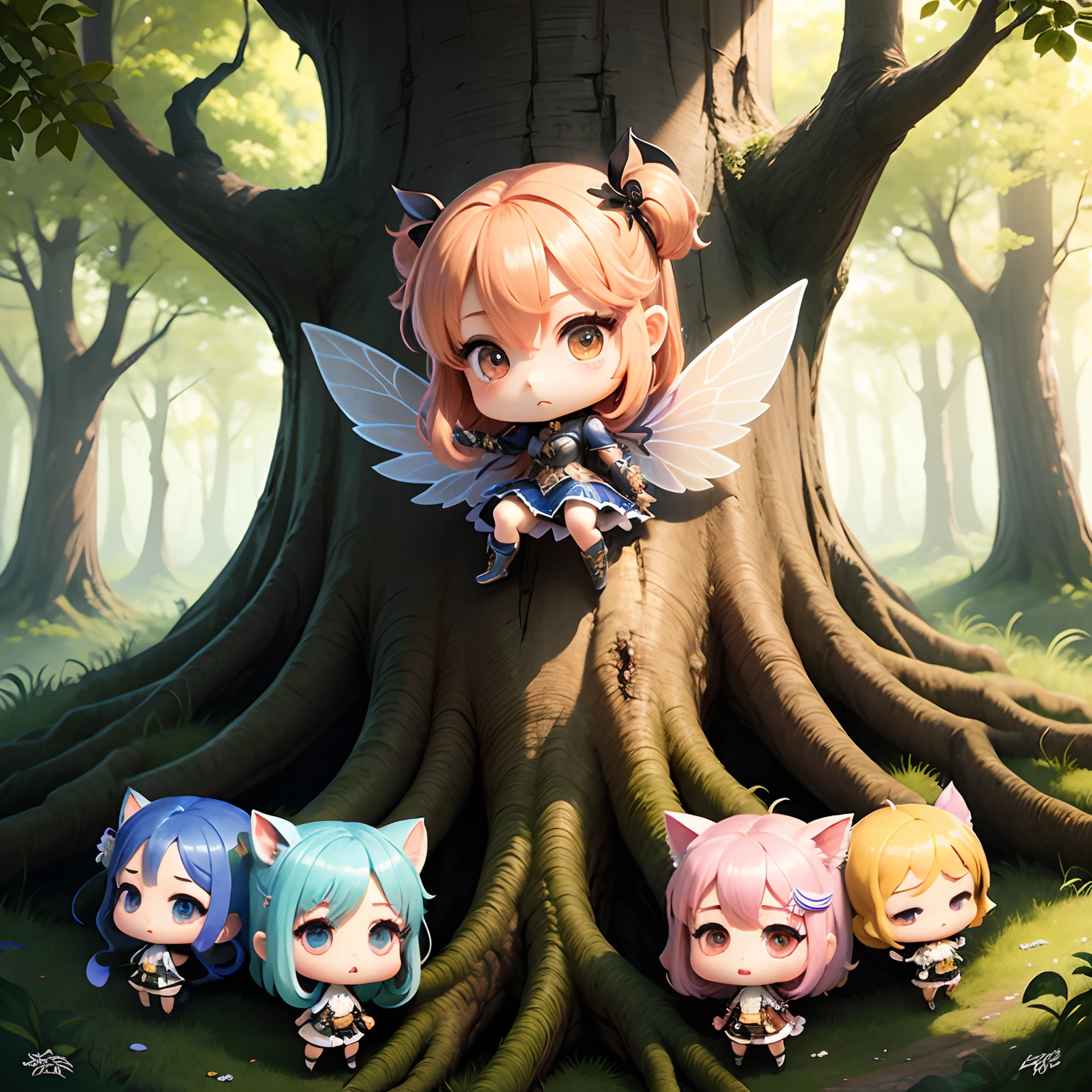 ​masterpiece、top-quality、ultra-detailliert、(Chibi Charadafune:1.2)、Greek mythology、fairy tale forest、The lower half of the body is a large tree、Bright sunlight