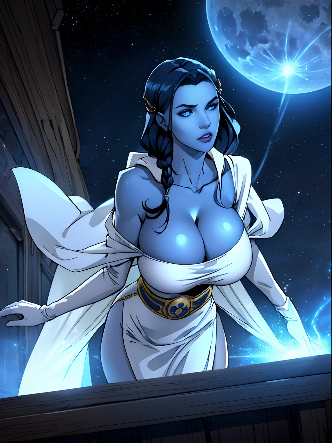 (masterpiece, top quality, best quality, official art, beautiful and aesthetic:1.2), (1girl:1.3), dark blue hair in braid, extremely detailed, portrait, looking at viewer, solo, (full body:0.6), detailed background, close up, (cool science fiction space theme:1.1), ((((blue skin)))), extremely busty sorceress, charlatan, mysterious, casting spells in space, four arms, revealing white robe, white dress, see-through, fingerless gloves, long gloves, glowing magical energy, blindfold, elaborate headdress, golden ceremonial headdress, sheer white fabric, elegant robes, skirts, streamers, cowl, cape, sandals, bracers, ((((gigantic breasts, cleavage, skindentation)))), slim waist, slim hips, long legs, athletic, SPACE, futuristic moon, (space exterior:1.1) background, dark mysterious lighting, shadows, magical atmosphere, dutch angle