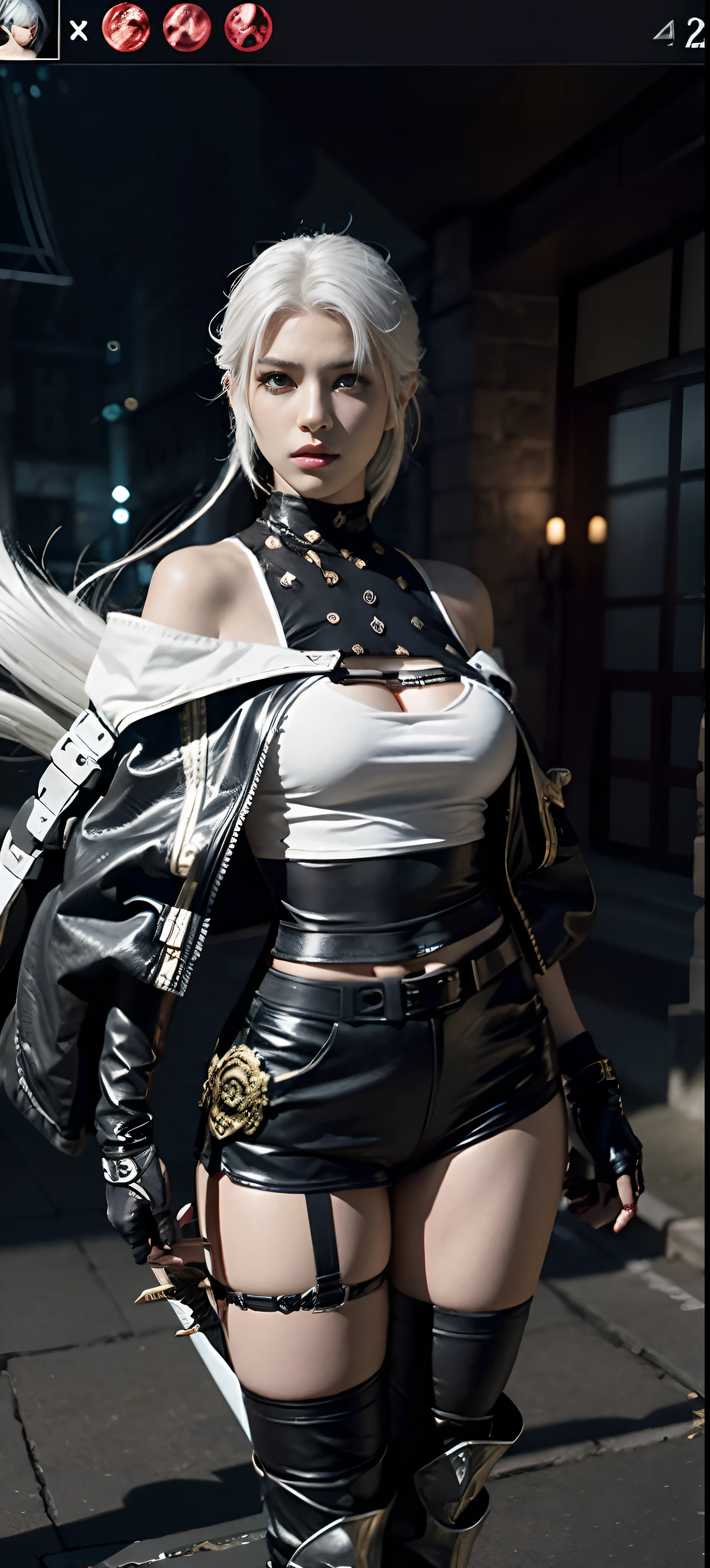 a close up of a person in a costume with a sword, as a character in tekken, female character, tifa lockhart with white hair, katana zero video game character, lunar themed attire, kda, slim body, cyborg - girl with silver hair, upper body avatar, (( medium breast;1.2)), fashion gameplay screenshot, fighting game character, new character, floralpunk elysian maiden, sigma female