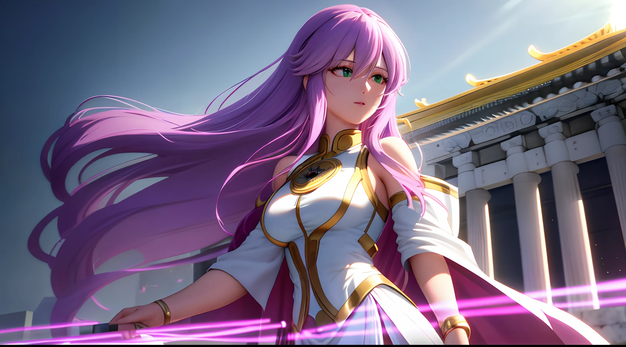 Kido_saori, Saint seiya athena with plain long light purple hair,hair between eyes,green eyes,rosy cheeks,full lips,thin eyebrows,slender body,reddish robe and very long skirt,cute anime girl,full body,athens temple,anime style,Lumen Reflections,Screen Space Reflections,Diffraction Grading,Chromatic Aberration,GB Displacement,Scan Lines,Ray Traced,Anti-Aliasing,FXAA,TXAA,RTX,SSAO,Shaders,OpenGL-Shaders, GLSL-Shaders,Post Processing,Post-Production,cell Shading,Tone Mapping,CGI,VFX,SFX,insanely detailed and intricate, 4K,standing, solo, masterpiece, best quality, detailed face, detailed eyes, highres