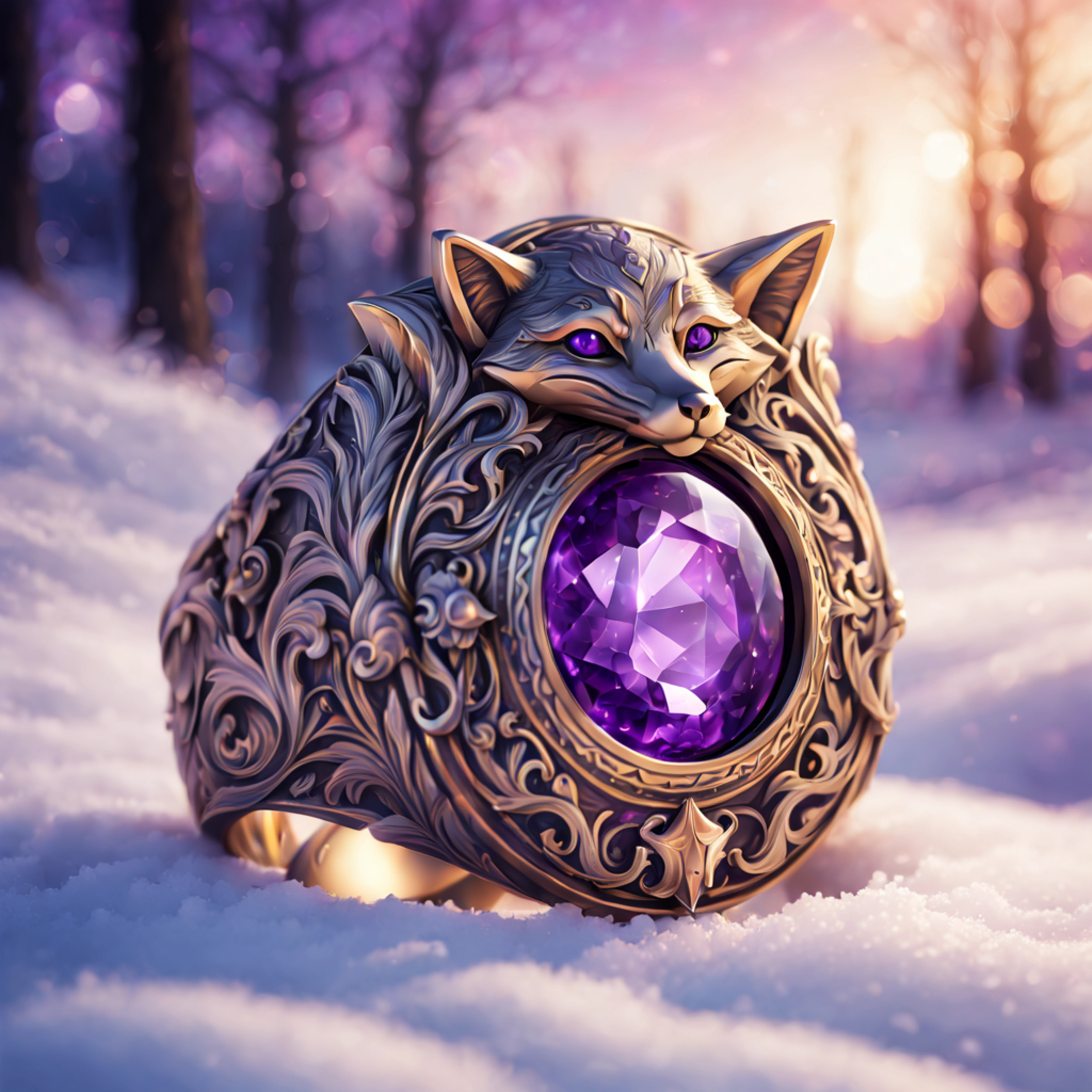 (anime drawing), (majestic ring with intricate fox engravings on it:1.2), winter, rich ornate patterns, (violet metallic reflection), (romantic nature ambience)