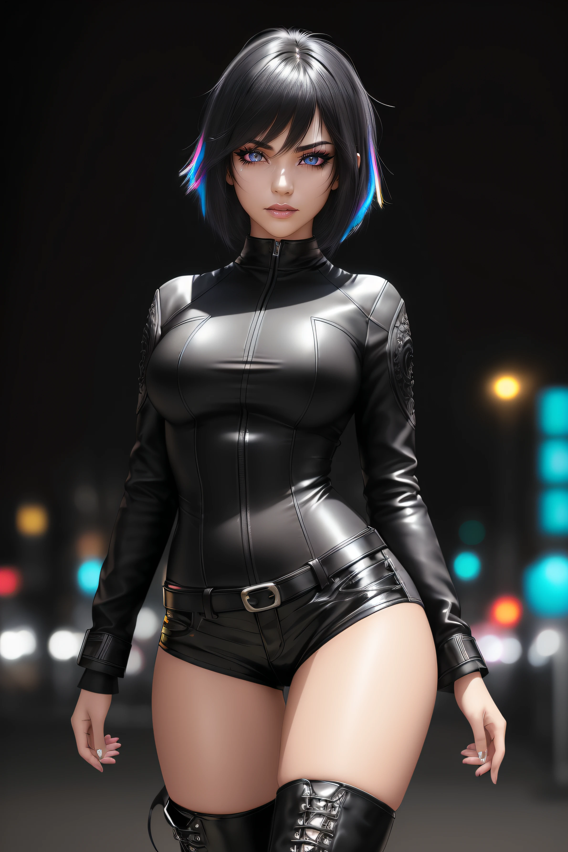 beautiful girl, ((standing:1.4)), (confident gaze:1.1), full body, short bright neon streaked black hair, ((large light realistic highly detailed eyes:1.4)), ((seductive pose:1.2)), black eyeshadow, (street style wear:1.2), ((tight fitted pants)), ((knee high leather boots)), (dark city night black background:1.4), dark makeup, digital art, trending on artstation, highly detailed, fine detail, intricate, beautiful detailed glow, detailed, Cinematic light, high-res, detailed facial features, sharp focus, smooth, aesthetic,