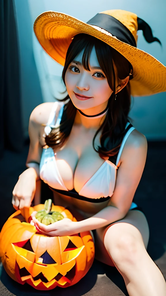 Naked Japan woman sitting holding a very large jack-o'-lantern:1.3, Big Jack-o'-lantern:1.3, Press your chest against the jack-o'-lantern you are holding with both hands:1.3、wariza:1.3, W-sitting:1.3、How to sit in river thaler style:1.3, Shoot from above、Taken from the front、fullnude:1.3、slenderbody、Squashed、cleavage of the breast、Nowhere:1.3, No Underwear:1.3, No shorts:1.3, witch's hat、Beautiful white skin、Orange knee-high socks:1.3、Halloween Decoration Room