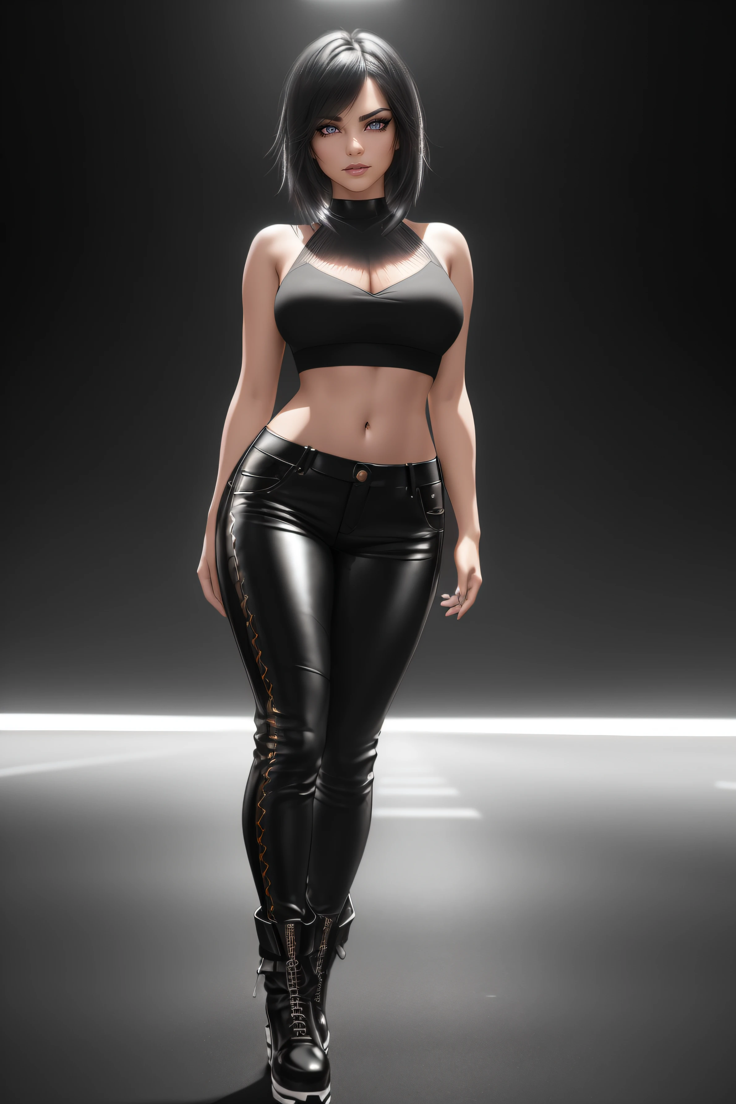 beautiful girl, ((standing:1.4)), (confident gaze:1.1), full body, short bright neon streaked black hair, ((large light realistic highly detailed eyes:1.4)), ((seductive pose:1.2)), black eyeshadow, (street style wear:1.2), ((tight fitted pants)), ((knee high leather boots)), (dark city night black background:1.4), dark makeup, digital art, trending on artstation, highly detailed, fine detail, intricate, beautiful detailed glow, detailed, Cinematic light, high-res, detailed facial features, sharp focus, smooth, aesthetic,